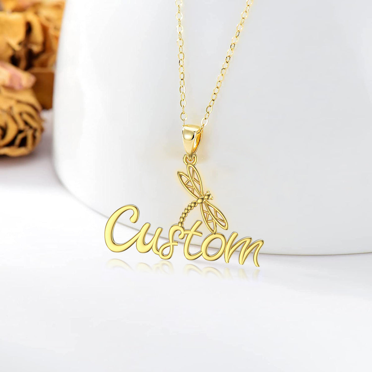 14K Gold Circular Shaped Crystal Dragonfly Pendant Necklace