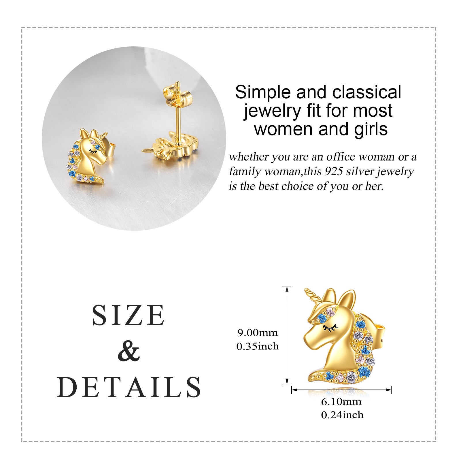 14K Gold Circular Shaped Crystal Unicorn Stud Earrings