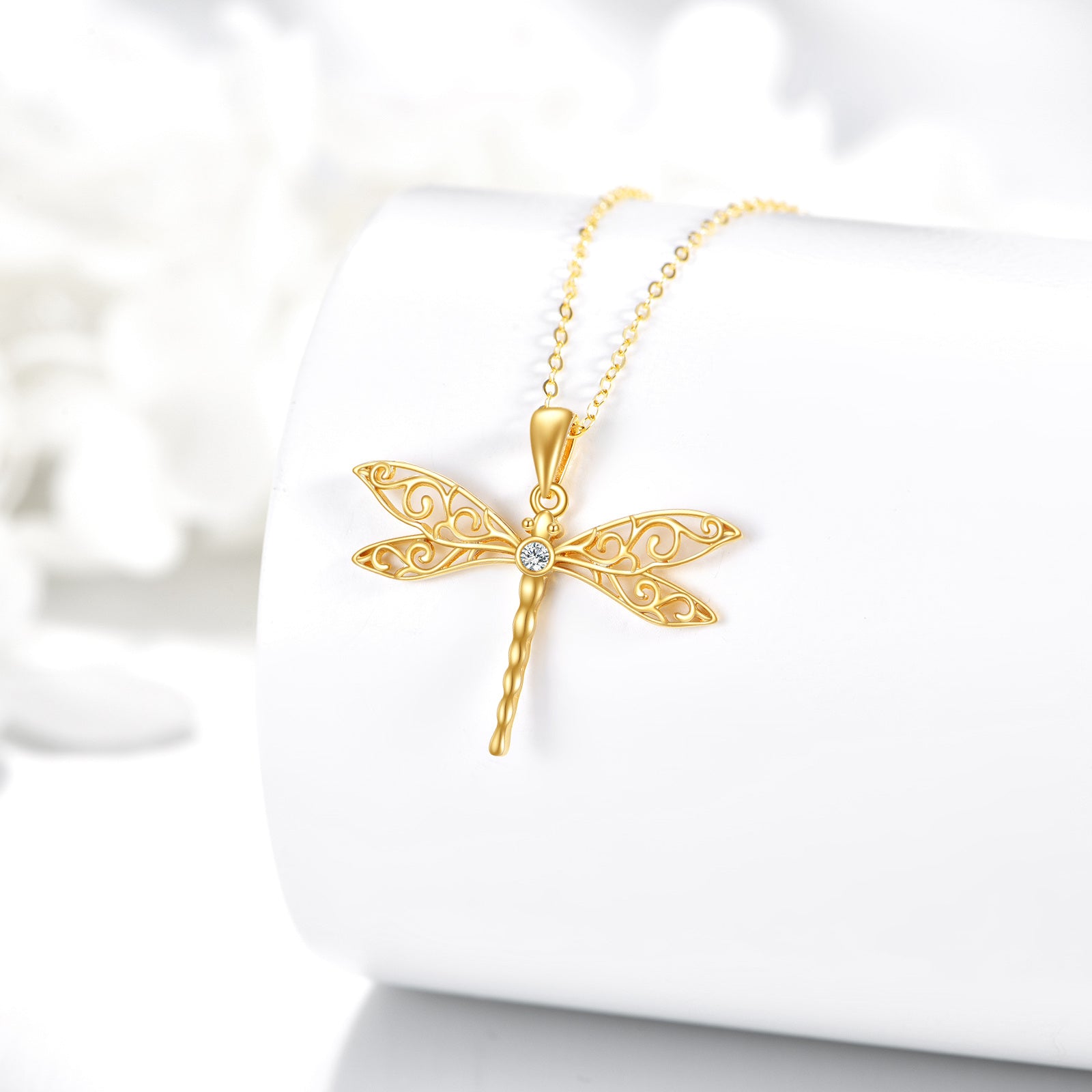 14K Gold Circular Shaped Cubic Zirconia Dragonfly Pendant Necklace