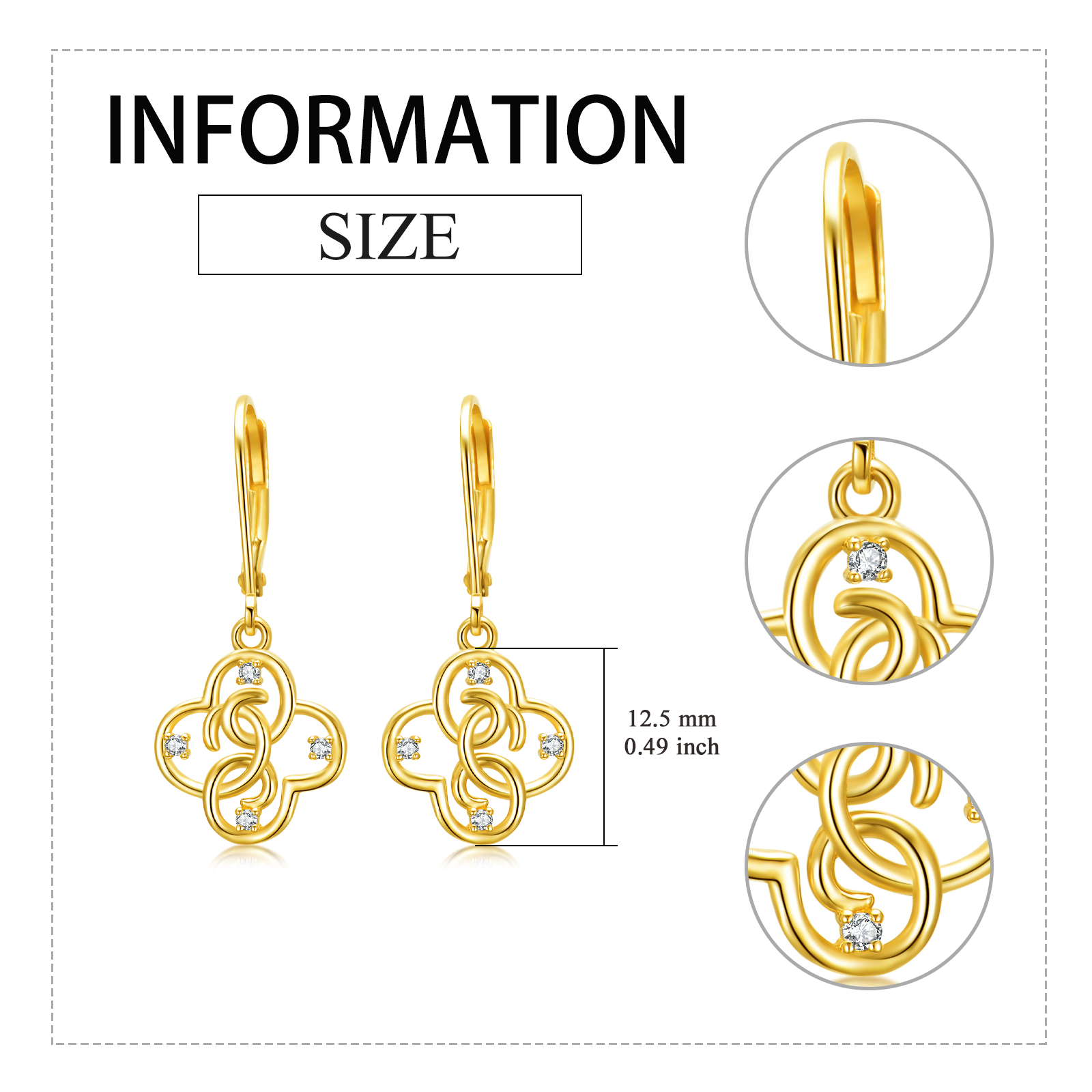 14K Gold Circular Shaped Cubic Zirconia Four Leaf Clover Lever-back Earrings