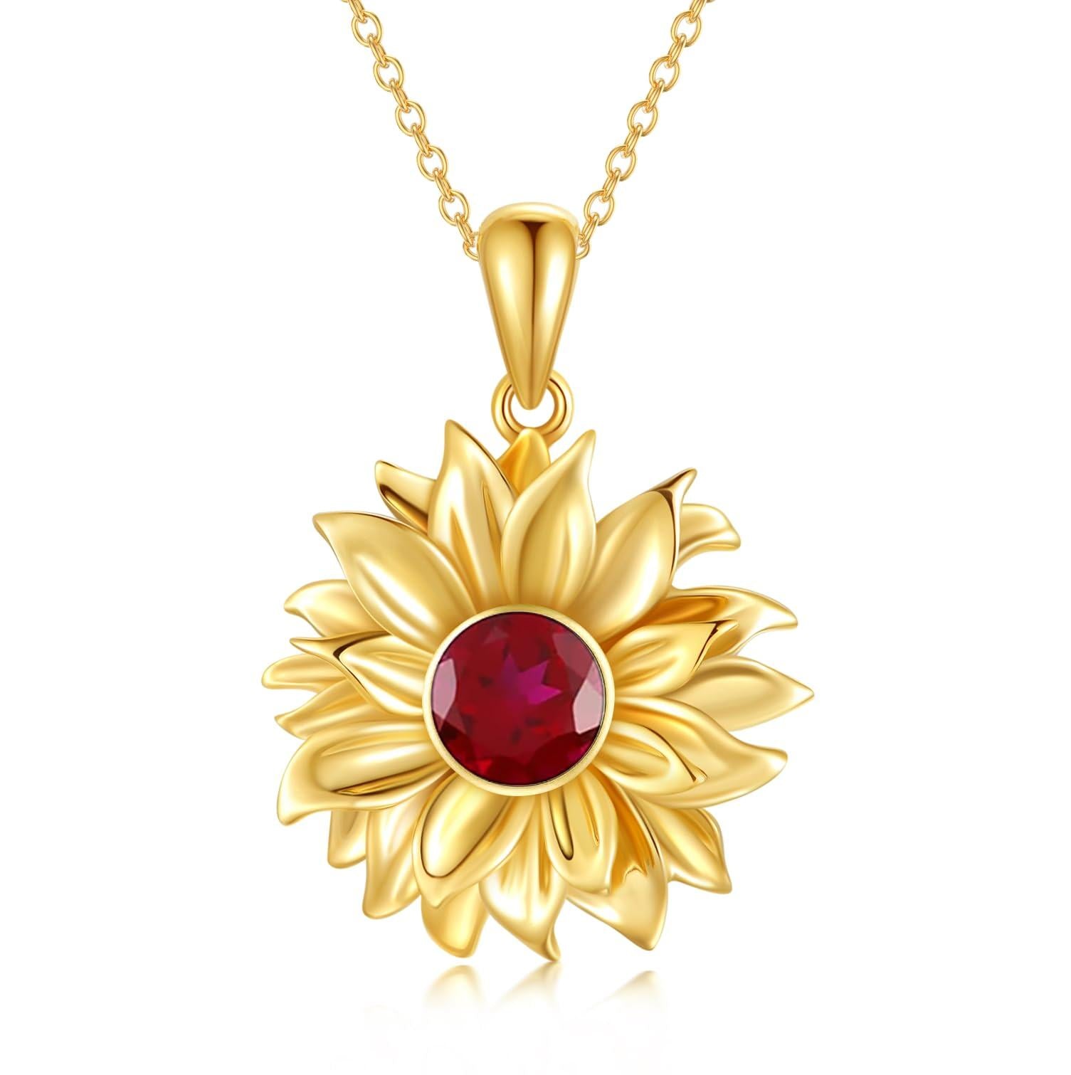 14K Gold Circular Shaped Garnet Sunflower Pendant Necklace