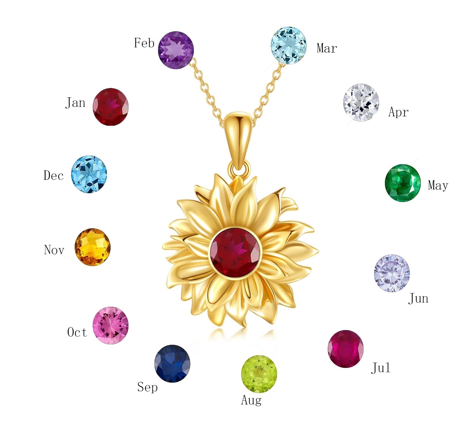 14K Gold Circular Shaped Garnet Sunflower Pendant Necklace