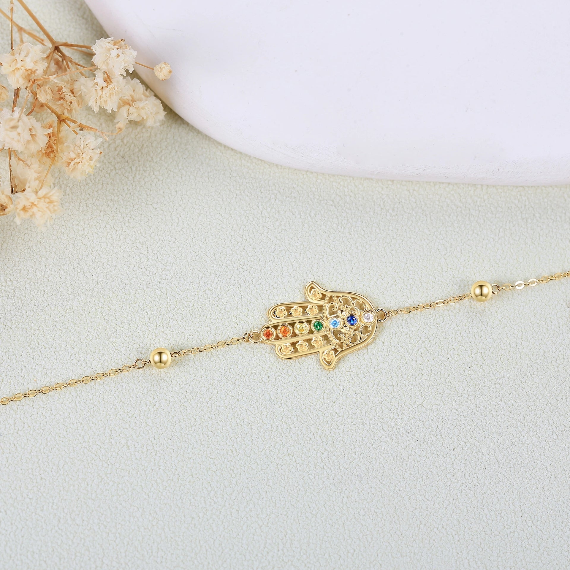 14K Gold Circular Shaped Cubic Zirconia Hand Of Fatima Charm Bracelet