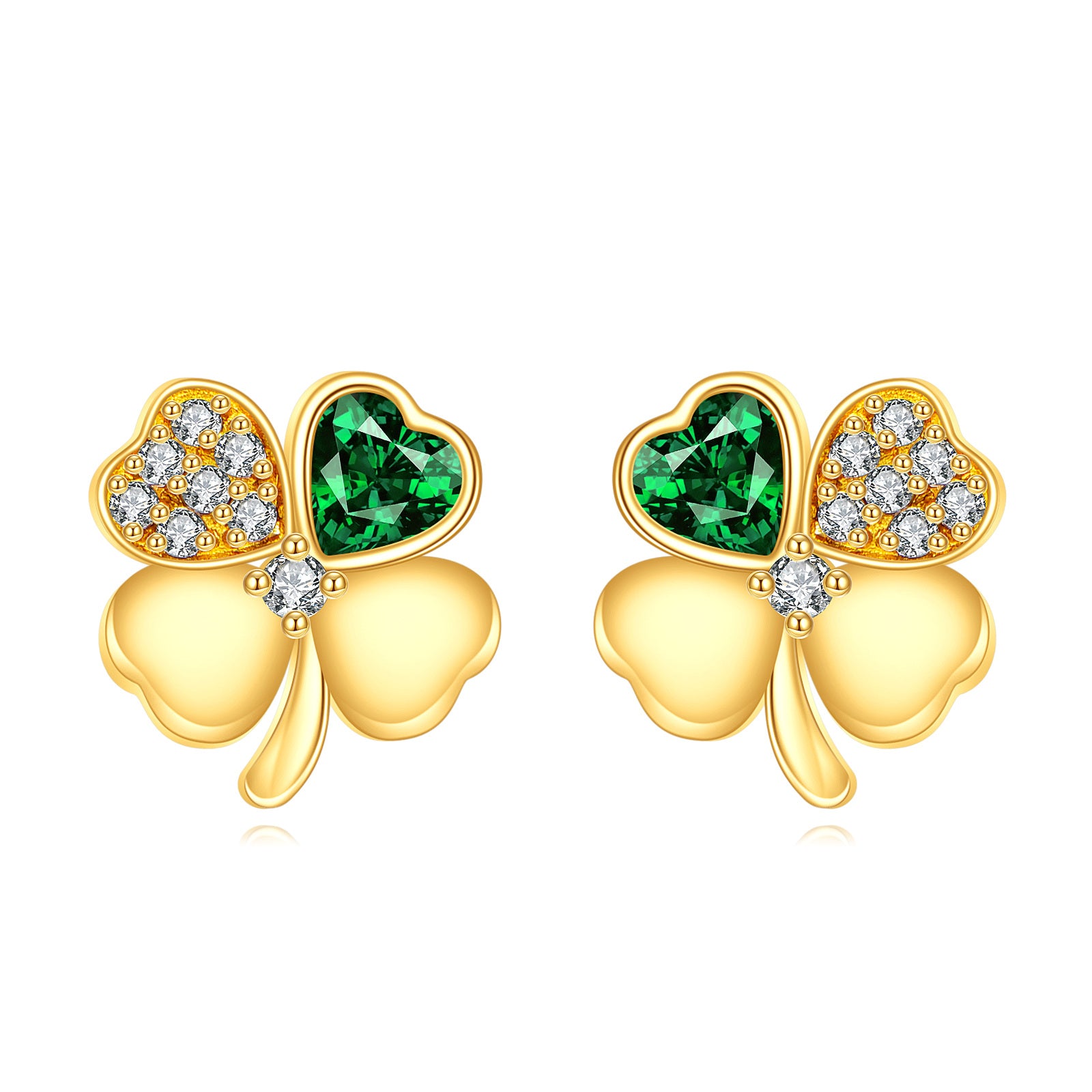 14K Gold Heart Cubic Zirconia Four Leaf Clover Stud Earrings For Women