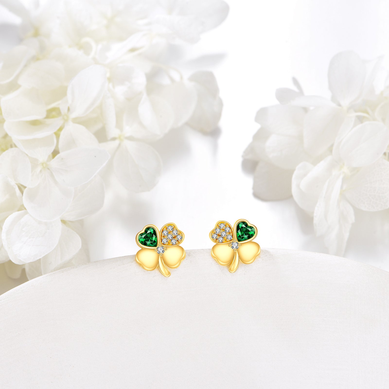 14K Gold Heart Cubic Zirconia Four Leaf Clover Stud Earrings For Women