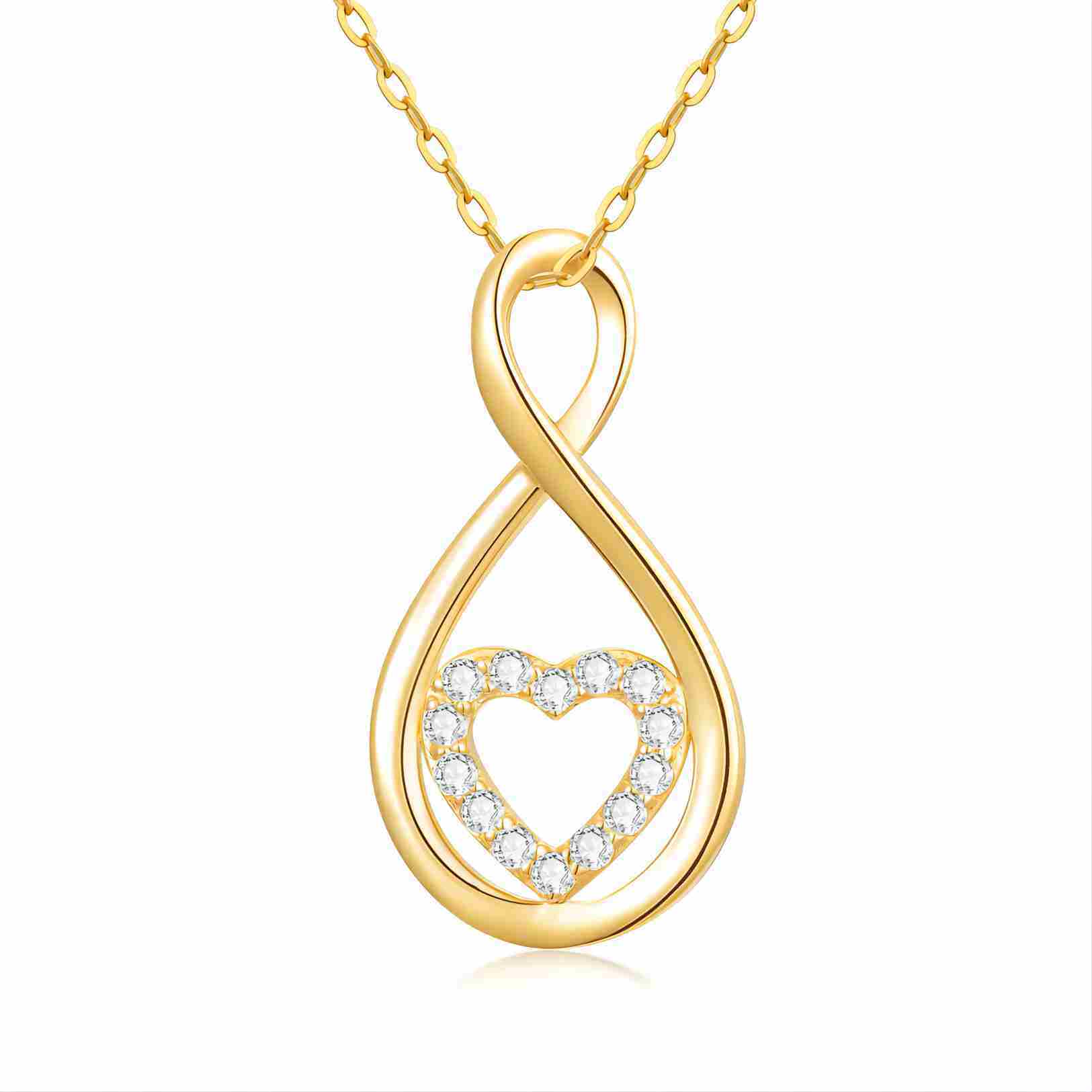 14K Gold Circular Shaped Cubic Zirconia Heart & Infinity Symbol Pendant Necklace