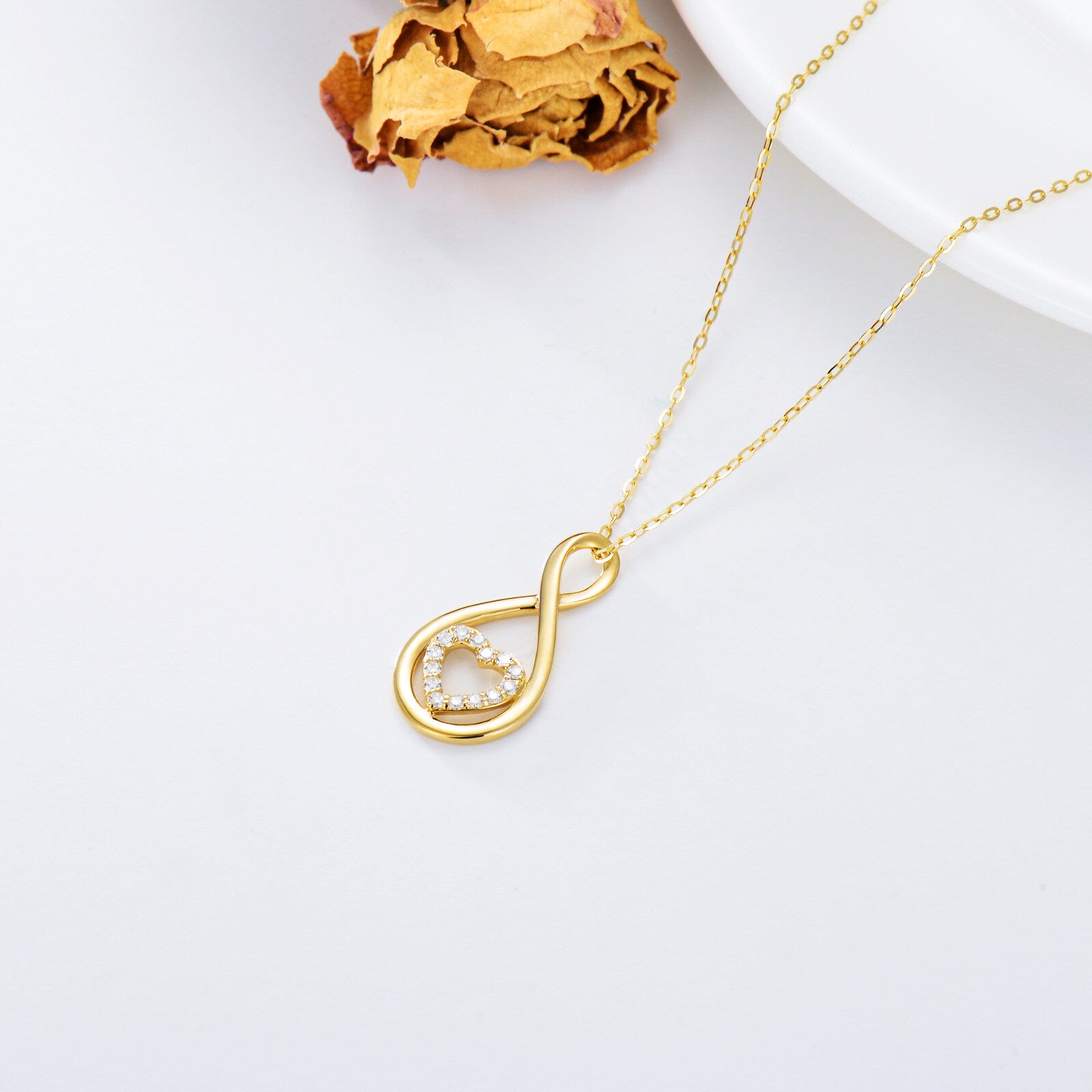 14K Gold Circular Shaped Cubic Zirconia Heart & Infinity Symbol Pendant Necklace