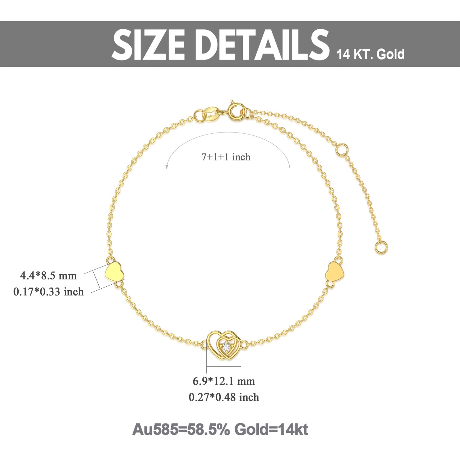14K Gold Circular Shaped Cubic Zirconia Heart Charm Bracelet
