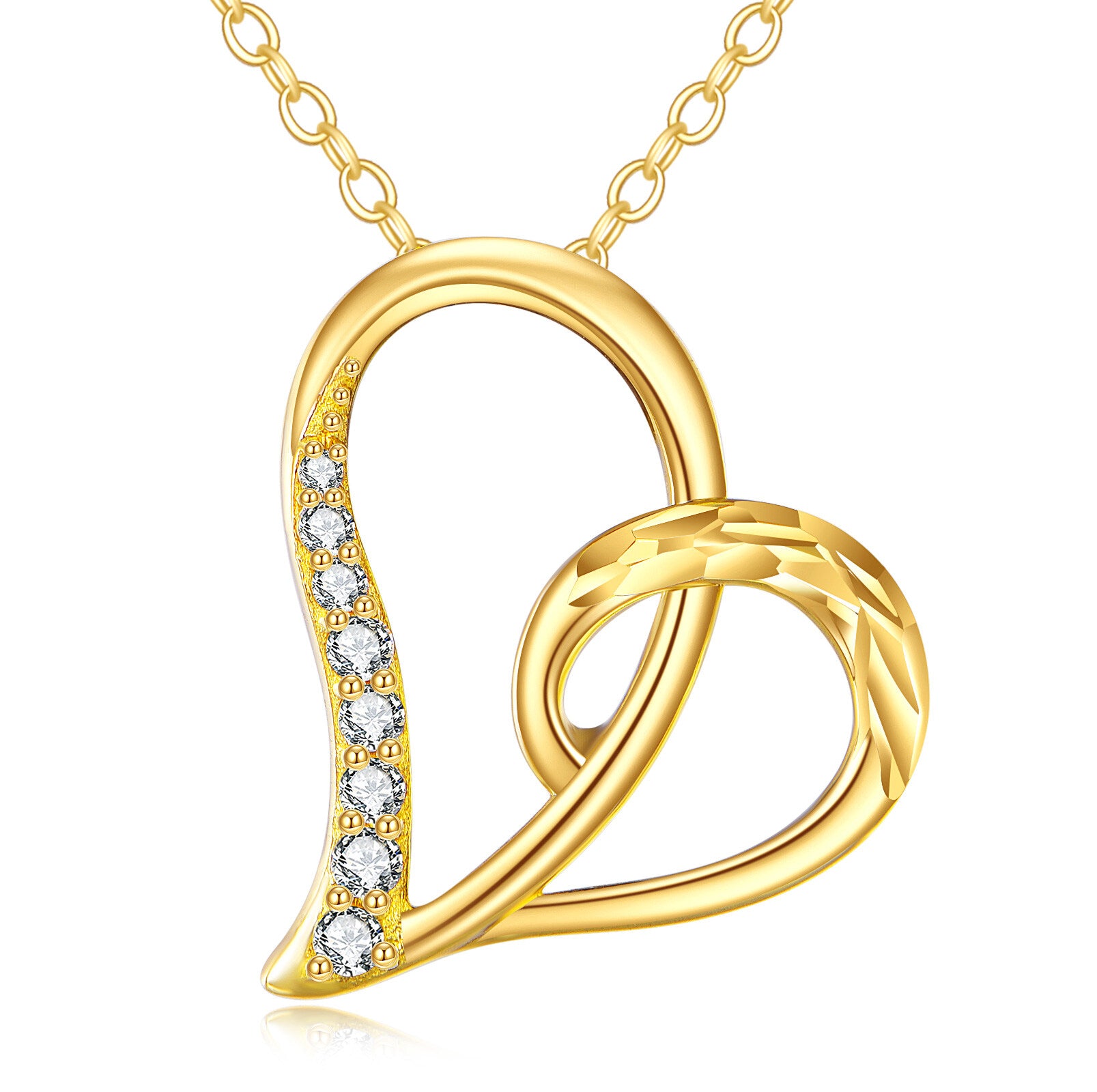14K Gold Circular Shaped Cubic Zirconia Heart Pendant Necklace
