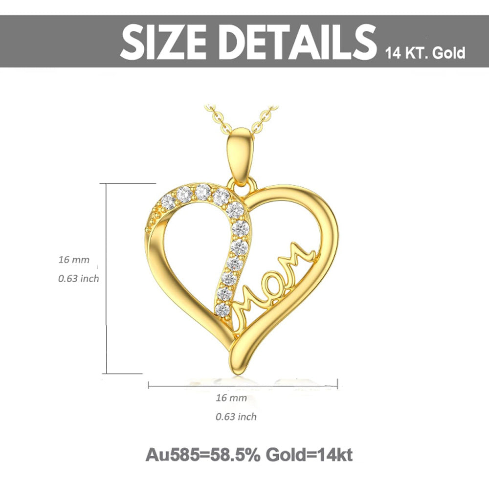 14K Gold Circular Shaped Cubic Zirconia Heart Pendant Necklace with Engraved Word