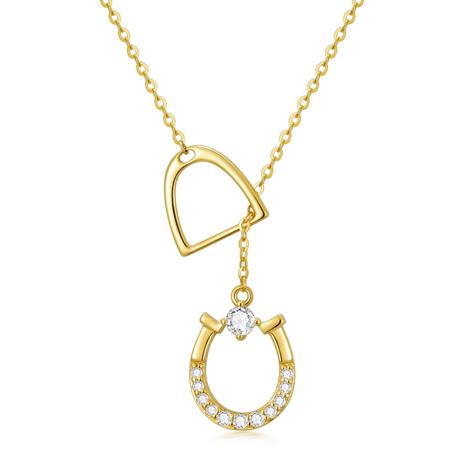 14K Gold Circular Shaped Cubic Zirconia Horseshoe Pendant Necklace