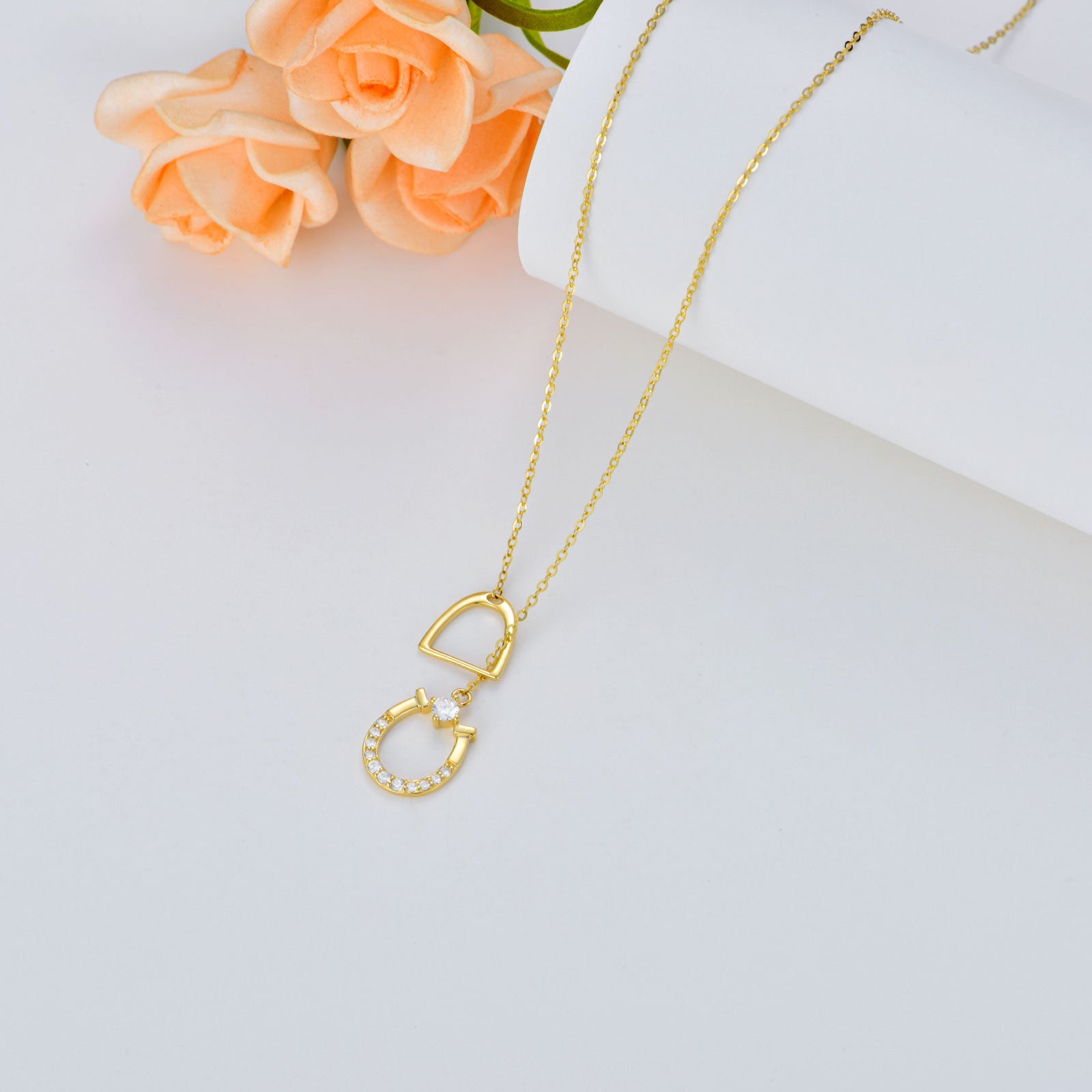 14K Gold Circular Shaped Cubic Zirconia Horseshoe Pendant Necklace