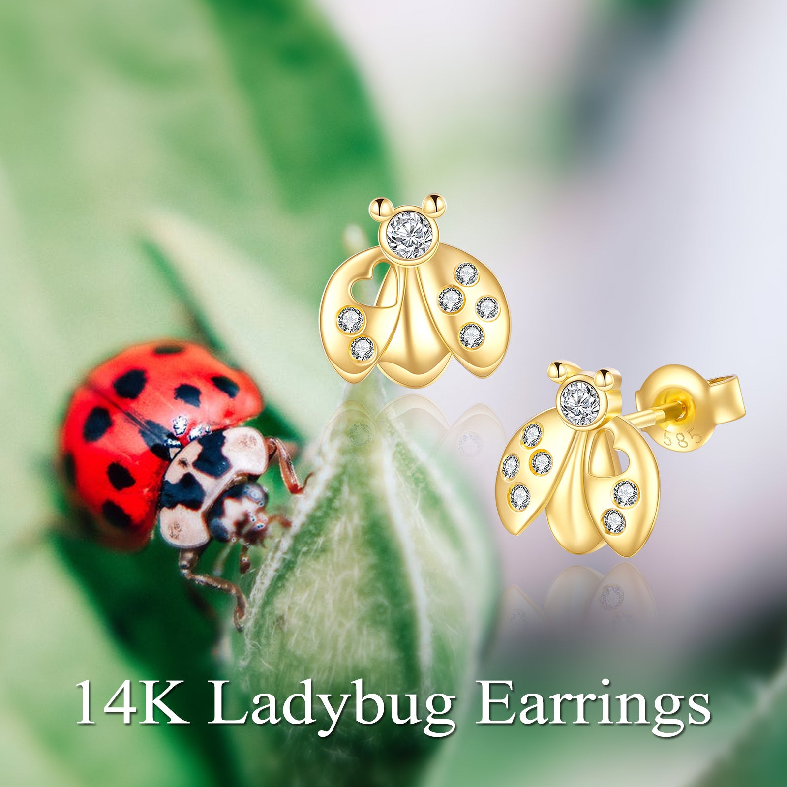 14K Gold Circular Shaped Cubic Zirconia Ladybug Stud Earrings