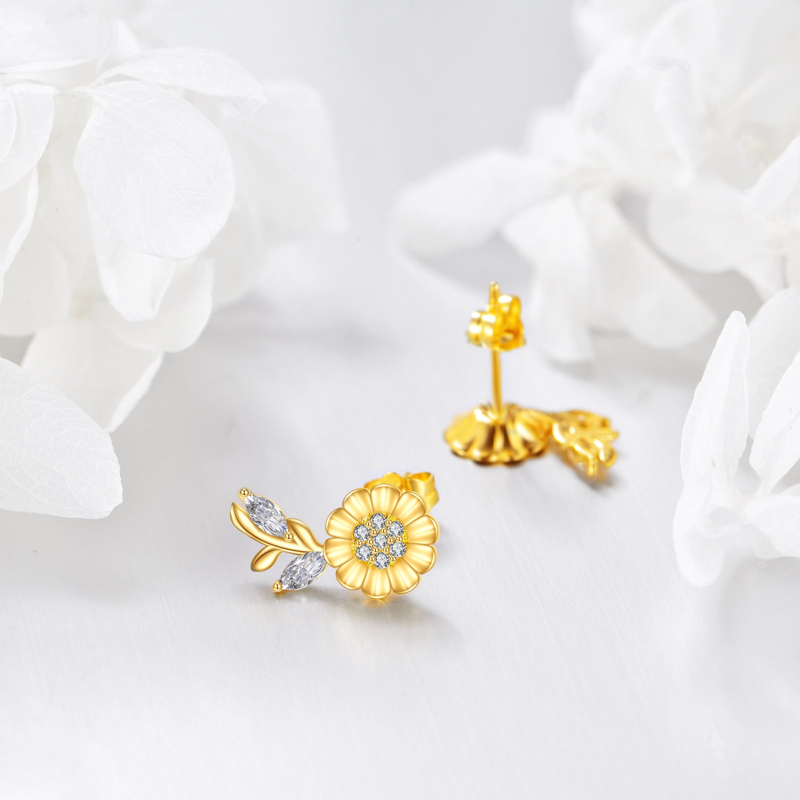 14K Gold Cubic Zirconia Marquise Sunflower Stud Earrings For Women