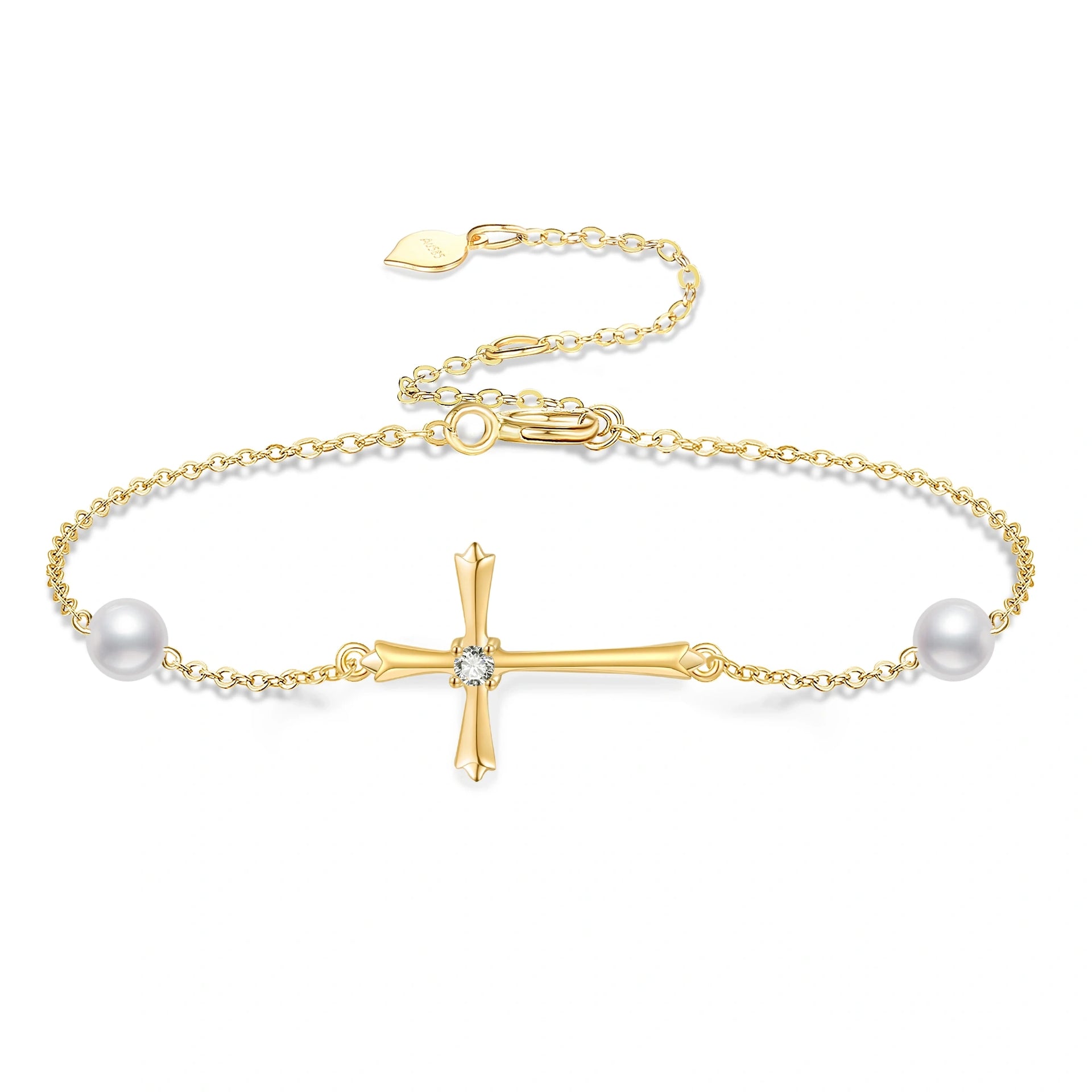 14K Gold Circular Shaped Moissanite Cross Charm Bracelet