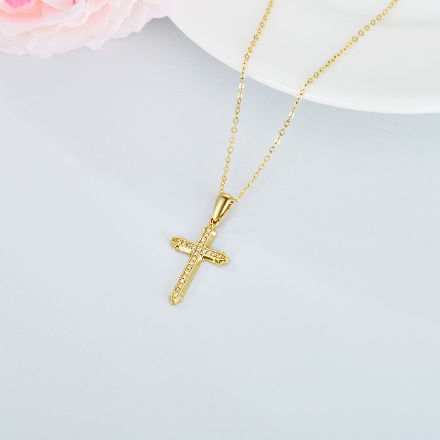 14K Gold Circular Shaped Moissanite Cross Pendant Necklace