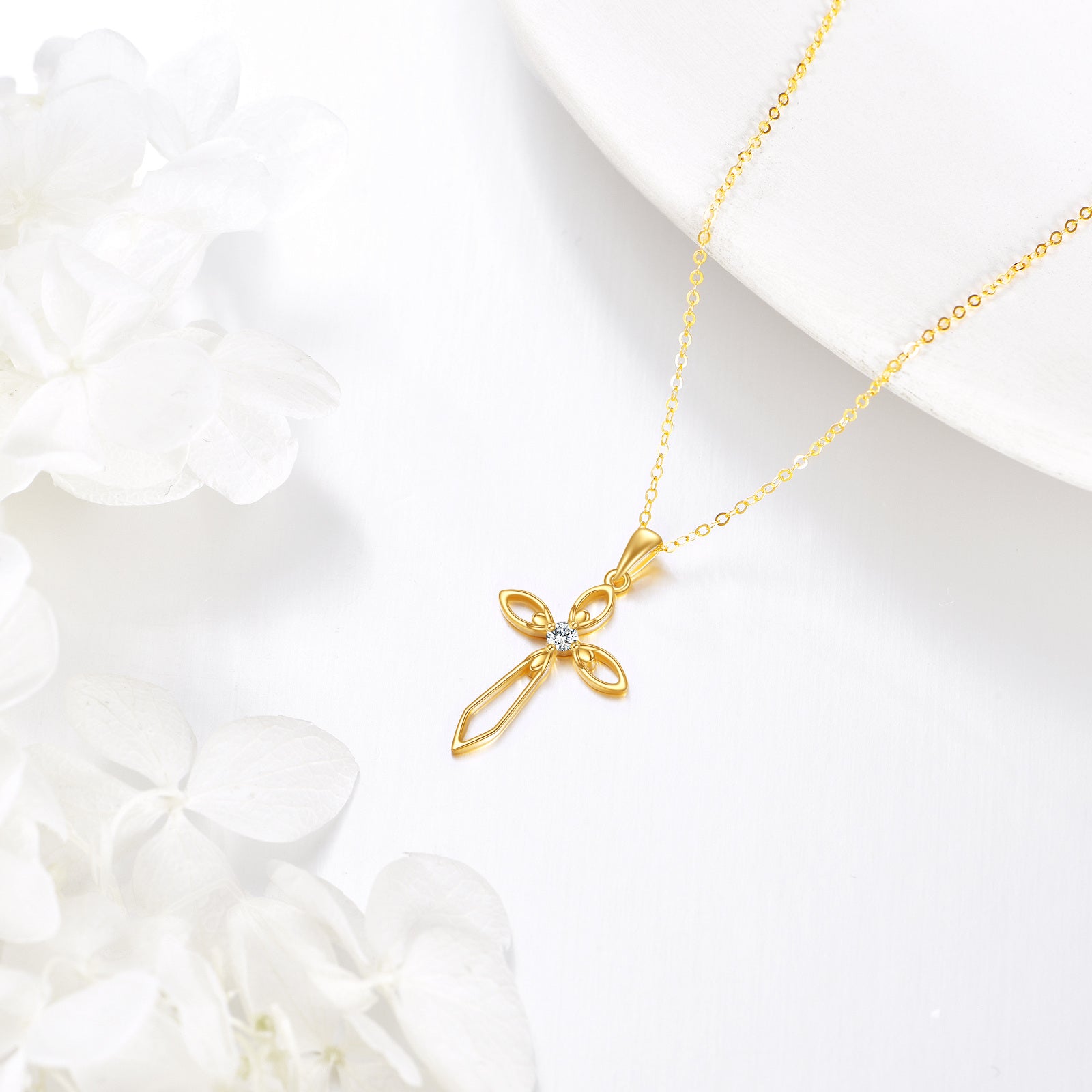 14K Gold Circular Shaped Moissanite Cross Pendant Necklace
