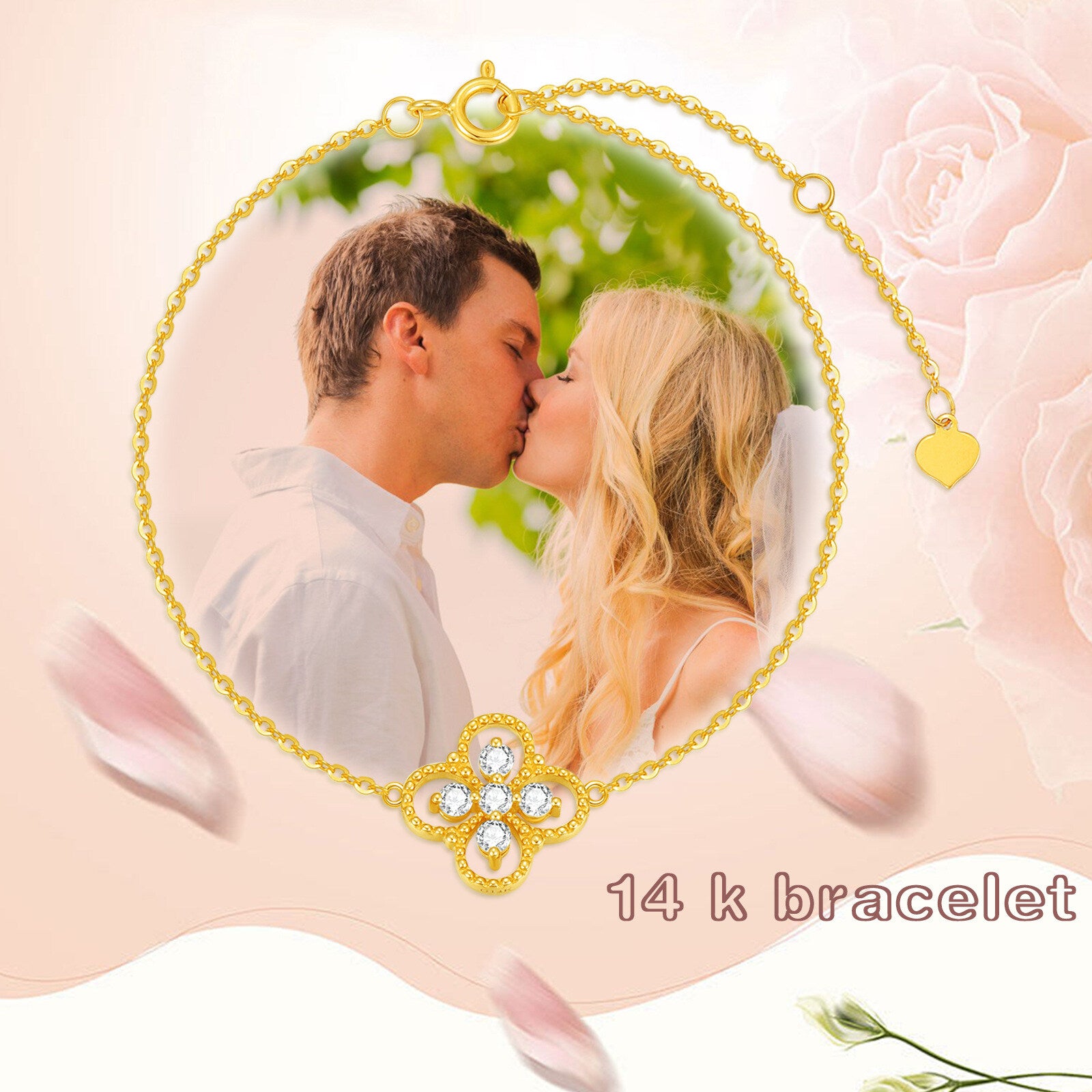 14K Gold Circular Shaped Moissanite Four-leaf Clover Charm Bracelet