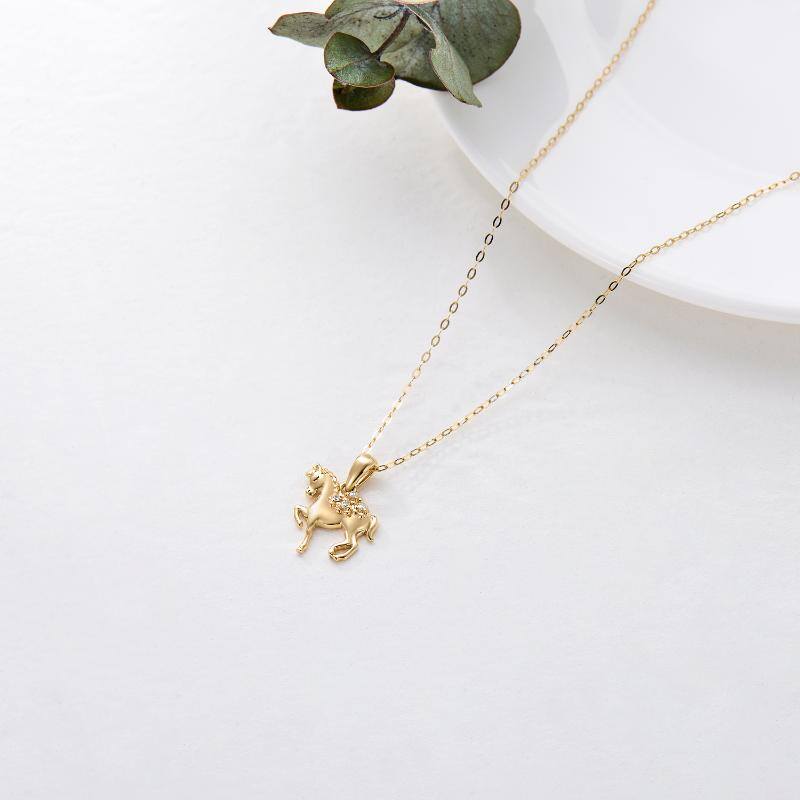 14K Gold Circular Shaped Moissanite Horse Pendant Necklace