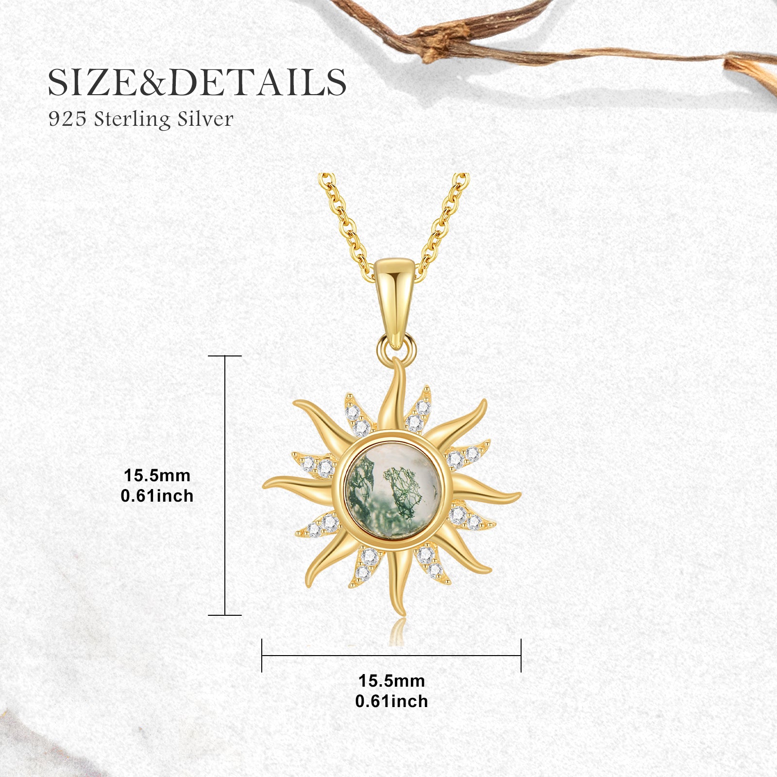14K Gold Circular Shaped Moissanite & Moss Agate Sun Pendant Necklace