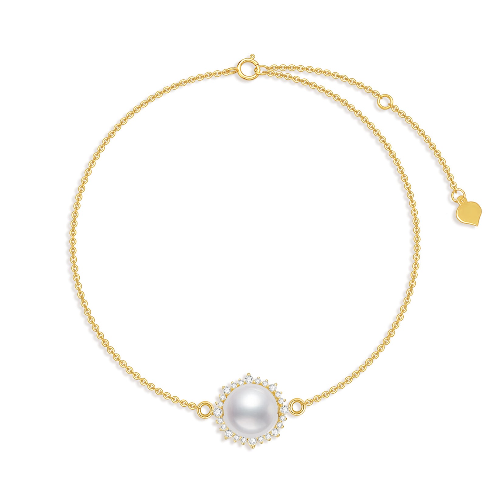14K Gold Circular Shaped Moissanite & Pearl Charm Bracelet