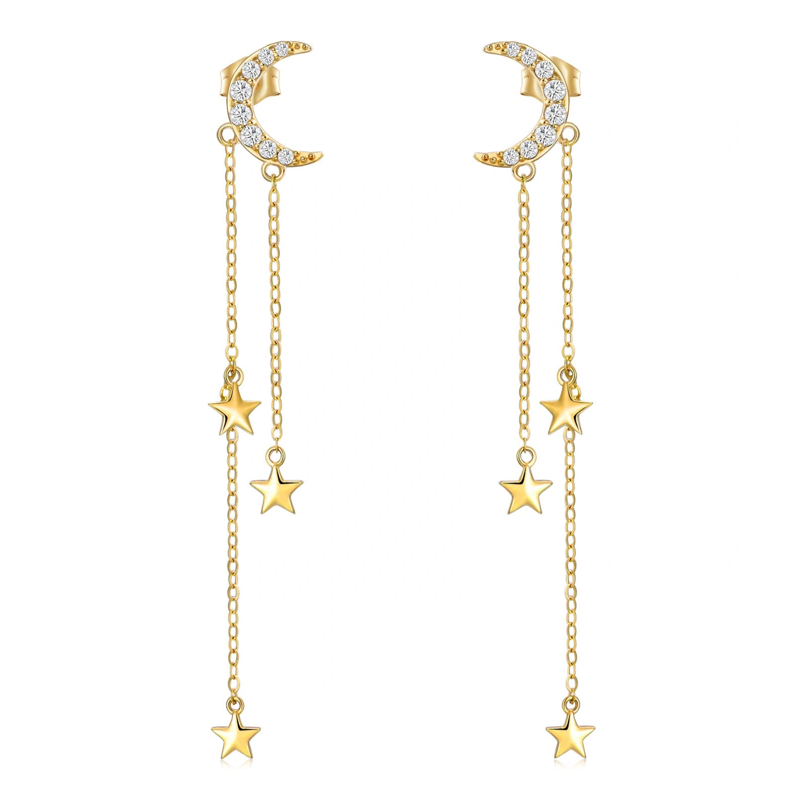 14K Gold Circular Shaped Cubic Zirconia Moon & Star Drop Earrings