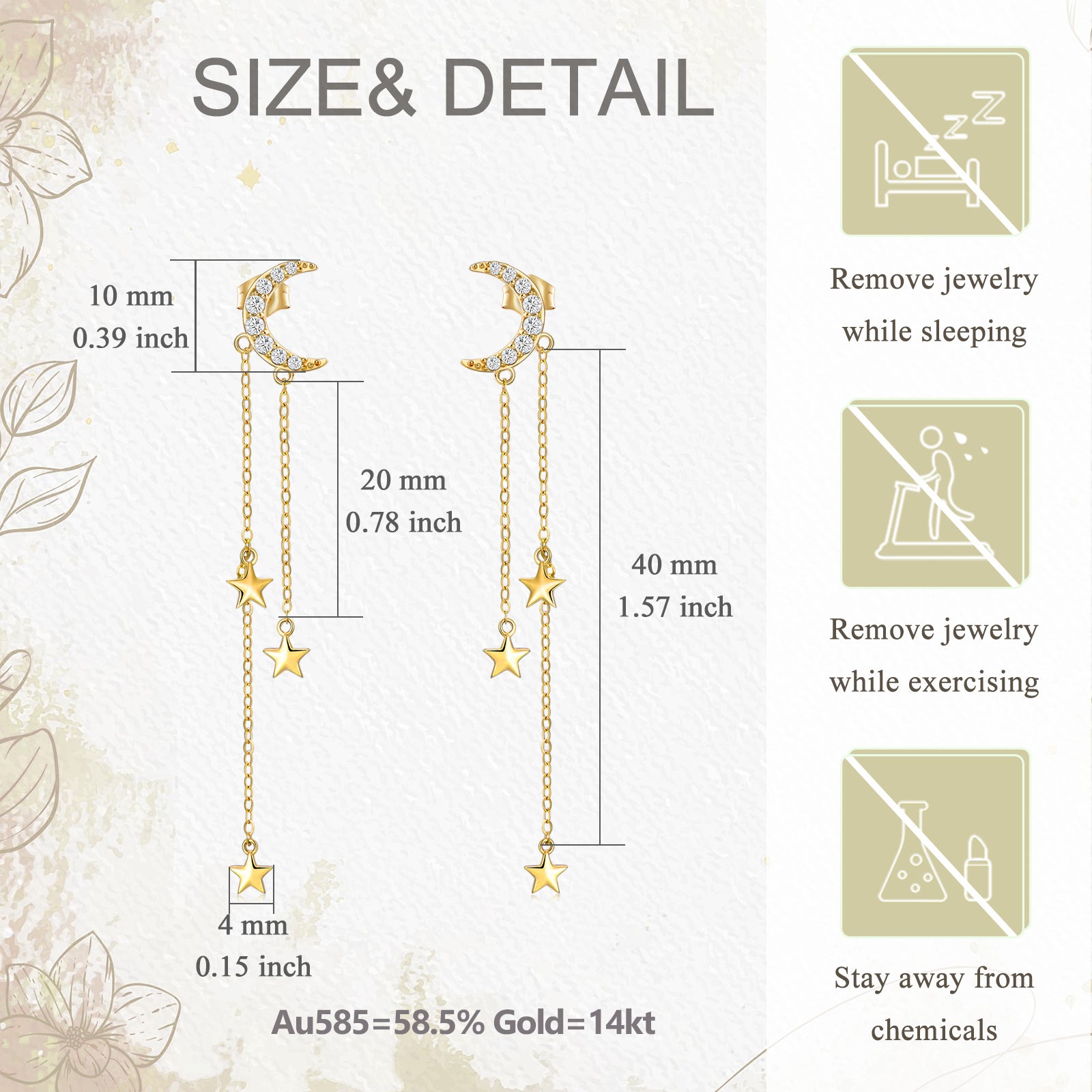 14K Gold Circular Shaped Cubic Zirconia Moon & Star Drop Earrings