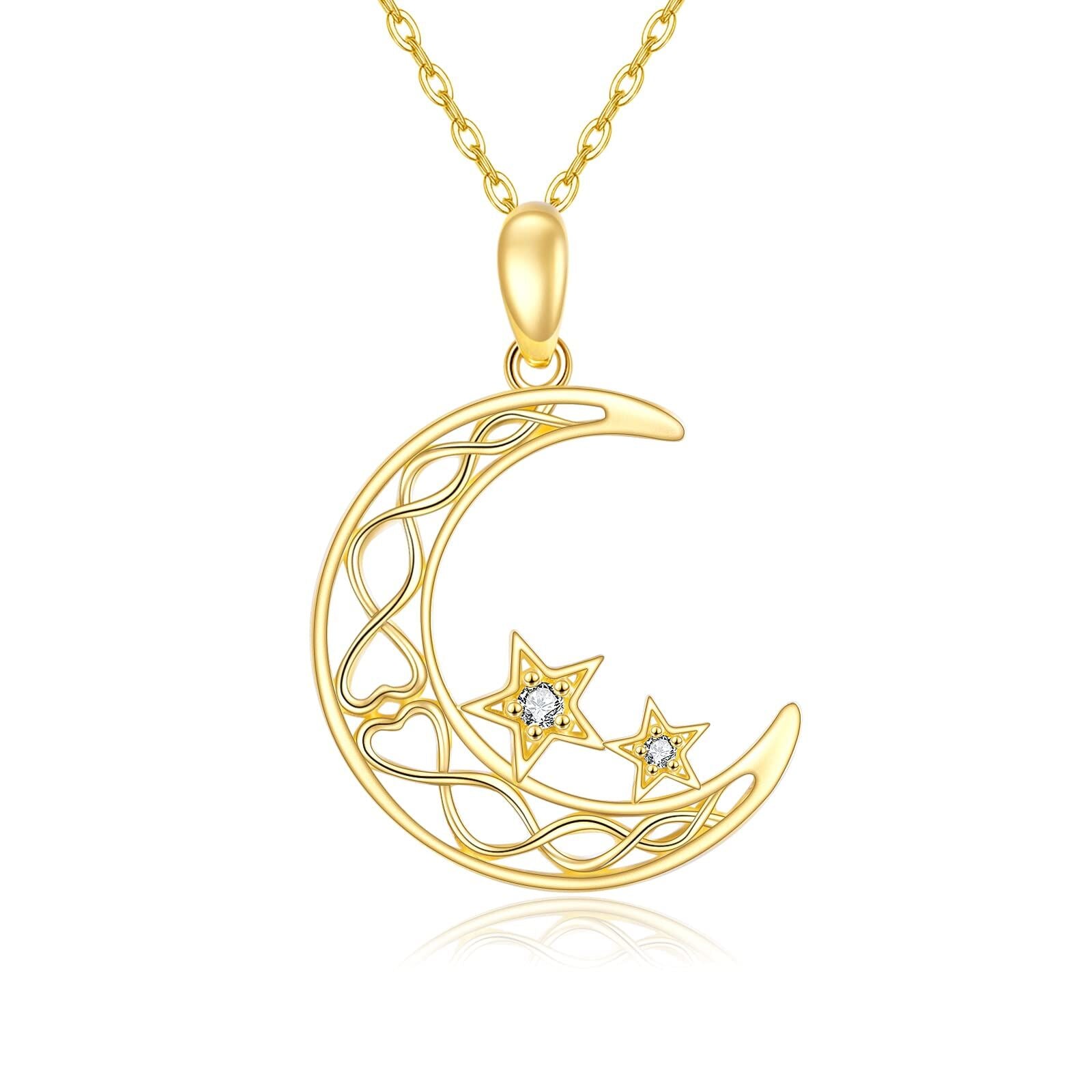 14K Gold Circular Shaped Cubic Zirconia Moon & Star Pendant Necklace