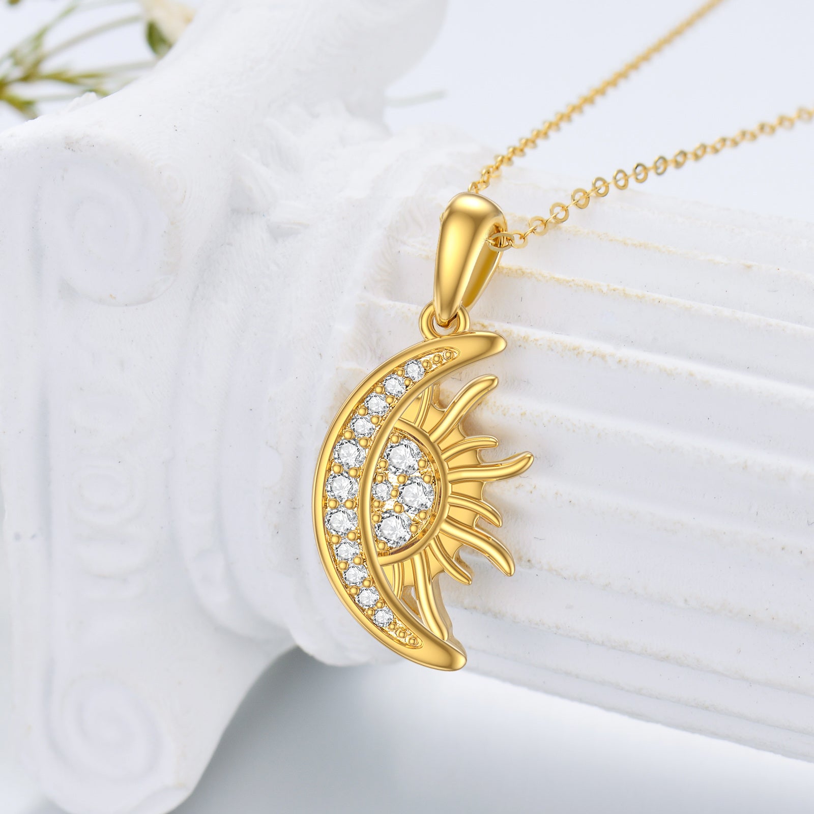 14K Gold Circular Shaped Cubic Zirconia Moon & Sun Pendant Necklace