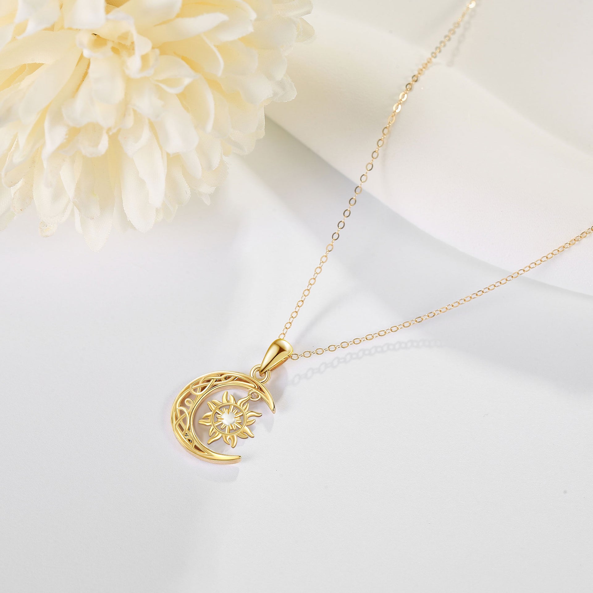14K Gold Circular Shaped Moonstone Moon & Sun Pendant Necklace