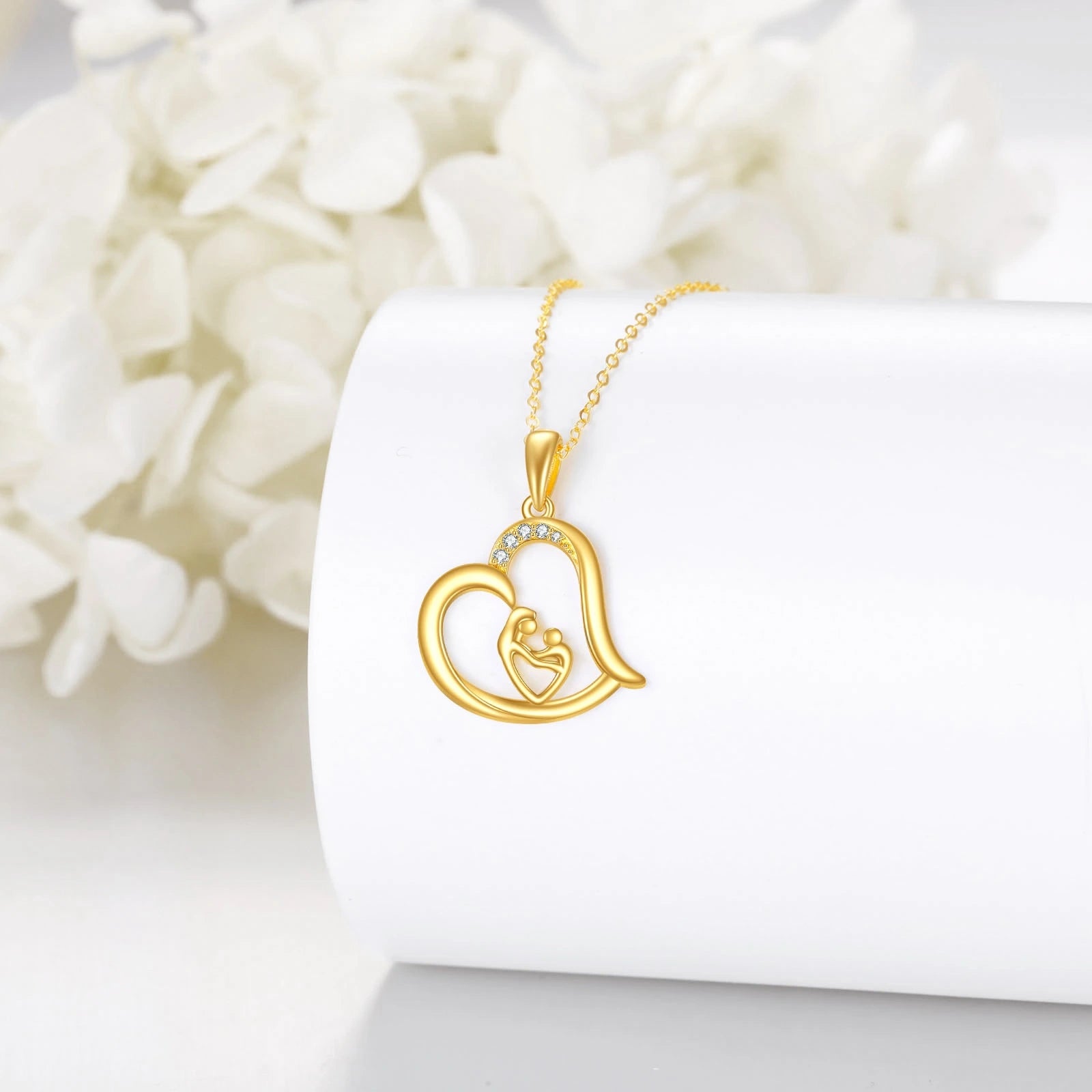 14K Yellow Gold Circular Cubic Zirconia Mother With Daughter Heart Pendant Necklace For Women