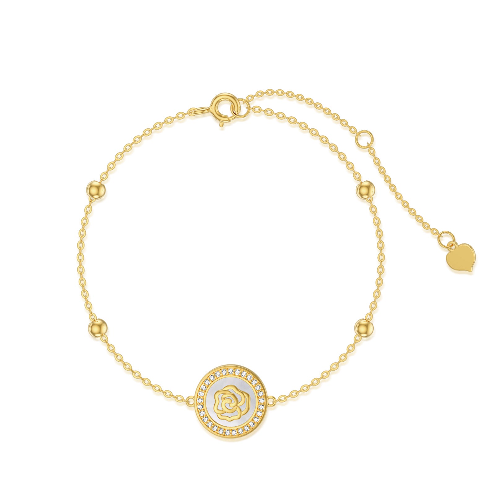 14K Gold Circular Shaped Mother Of Pearl Rose Charm Bracelet