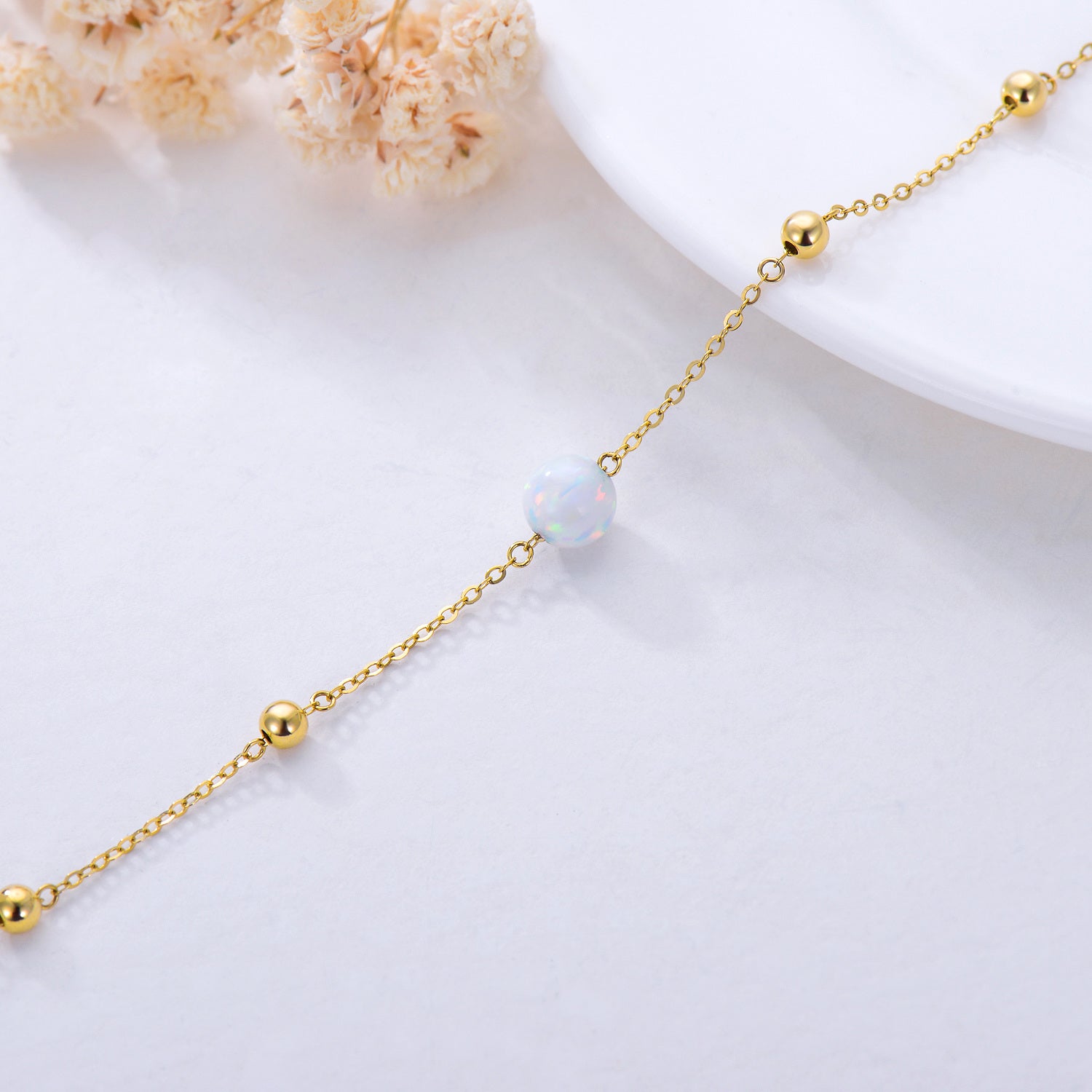 14K Gold Circular Shaped Opal Bead Charm Bracelet