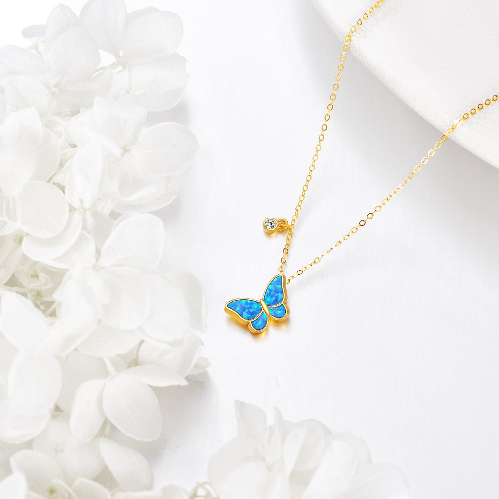 14K Gold Circular Shaped Cubic Zirconia & Opal Butterfly Pendant Necklace