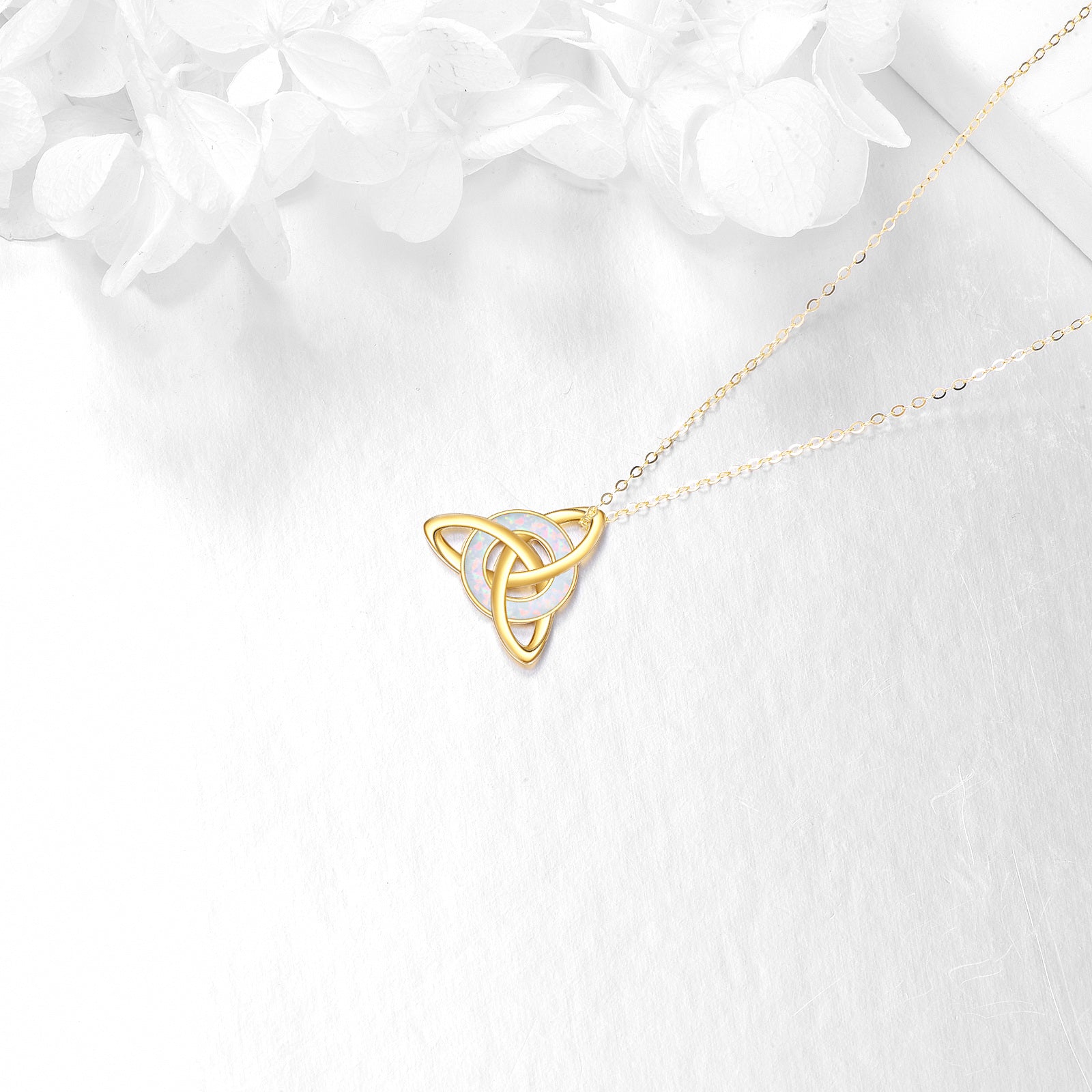 14K Gold Circular Shaped Opal Celtic Knot Pendant Necklace