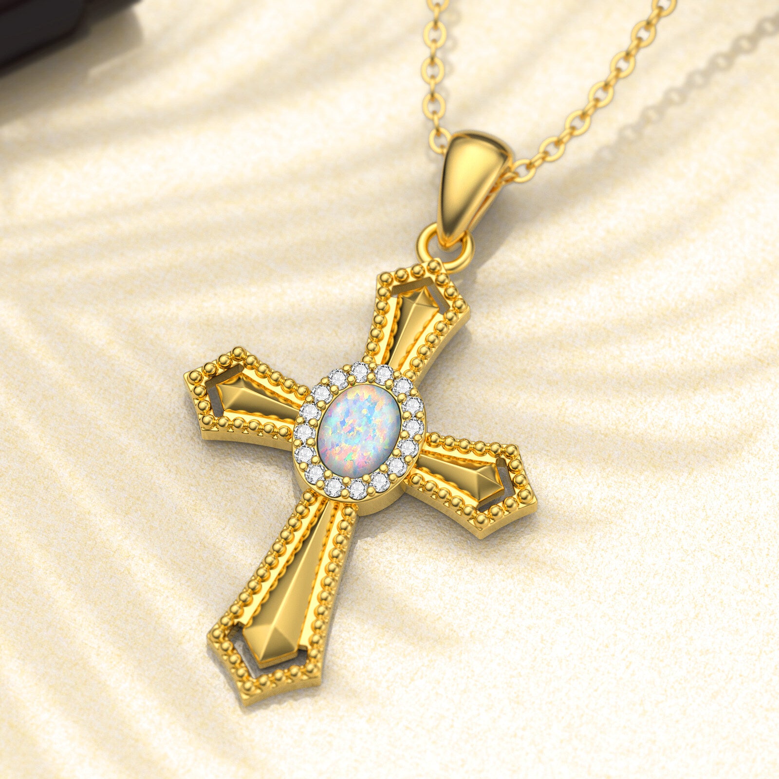 14K Gold Circular Shaped Opal Cross Pendant Necklace