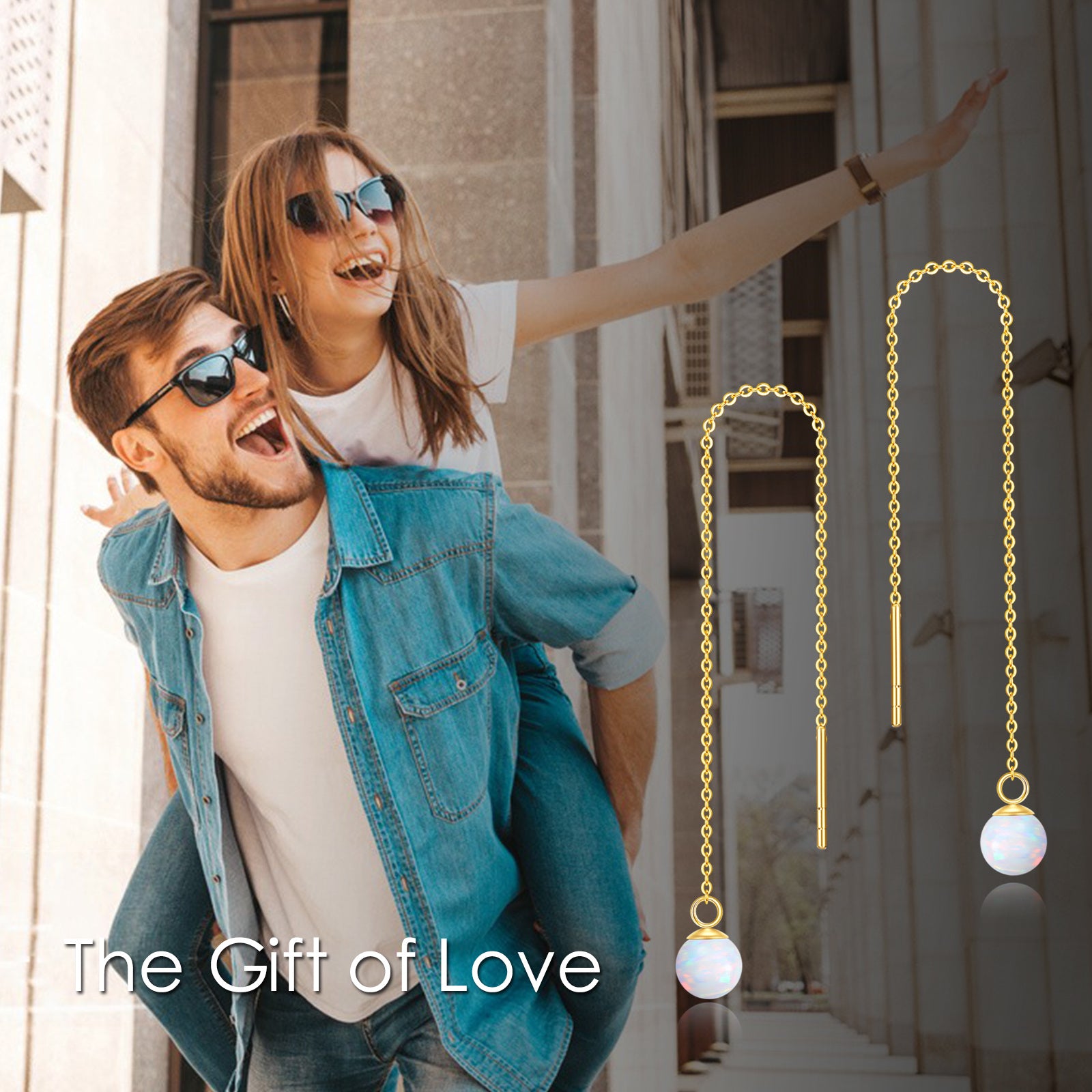 14K Gold Circular Shaped Opal Drop Earrings