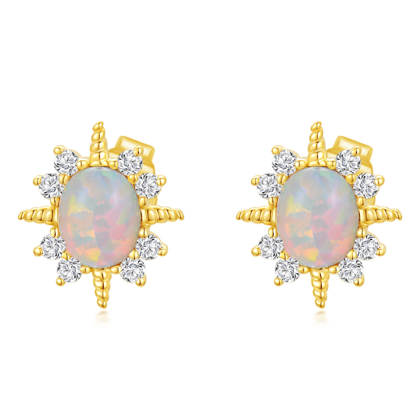 14K Gold Circular Shaped Opal Stud Earrings
