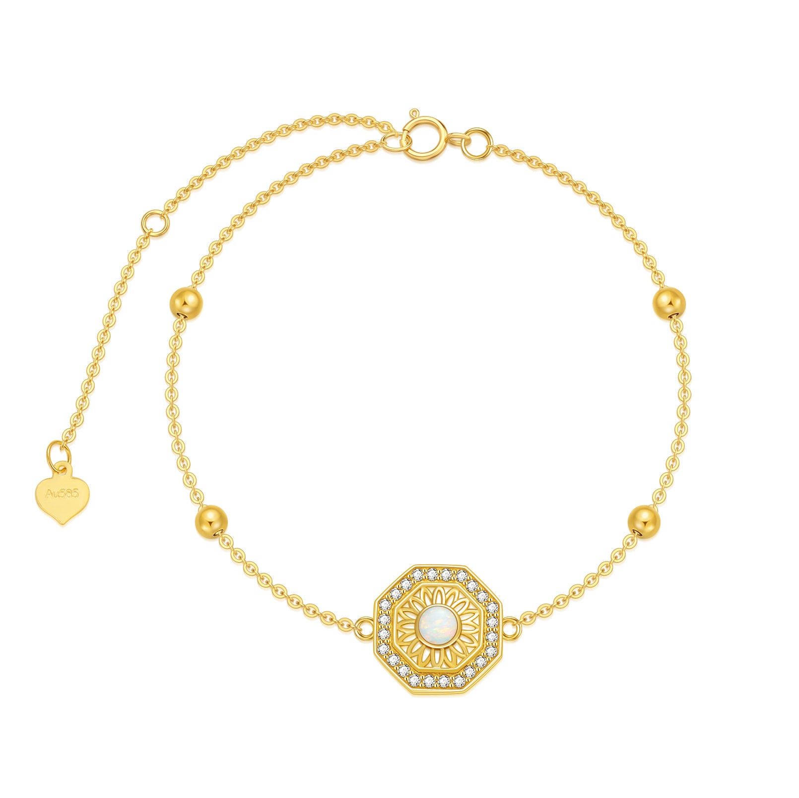 14K Gold Circular Shaped Opal Sunflower Charm Bracelet