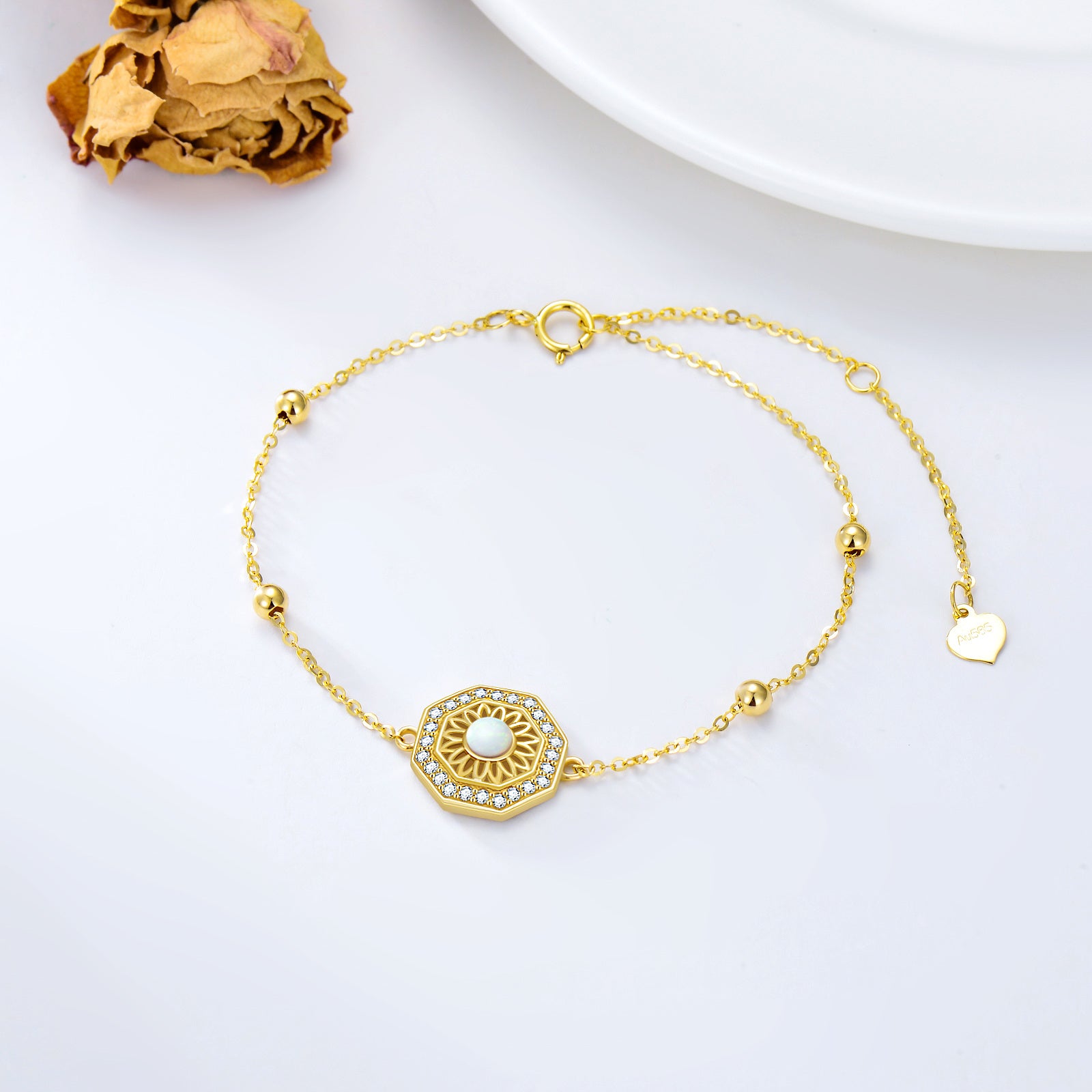 14K Gold Circular Shaped Opal Sunflower Charm Bracelet