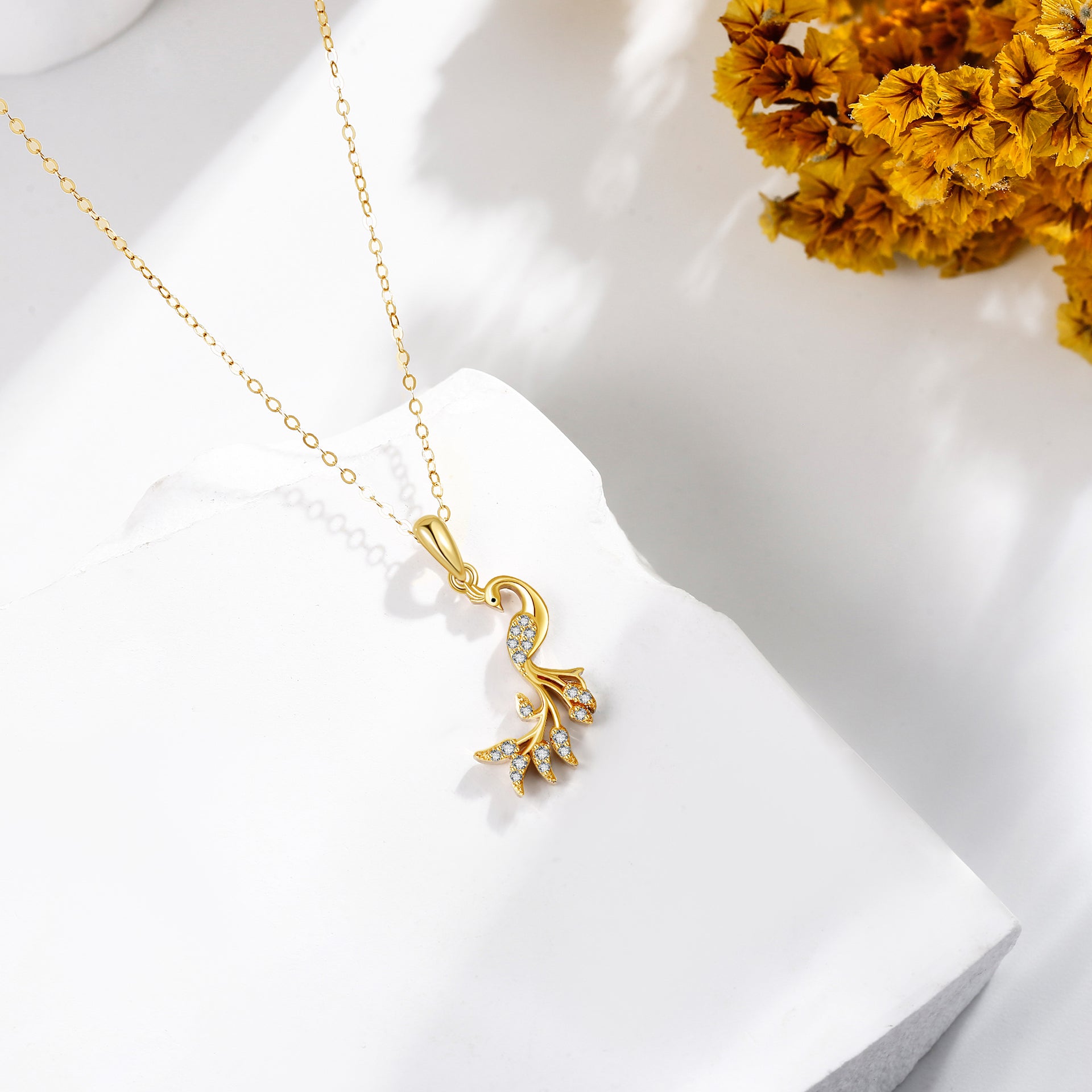 14K Gold Circular Shaped Cubic Zirconia Peacock Pendant Necklace