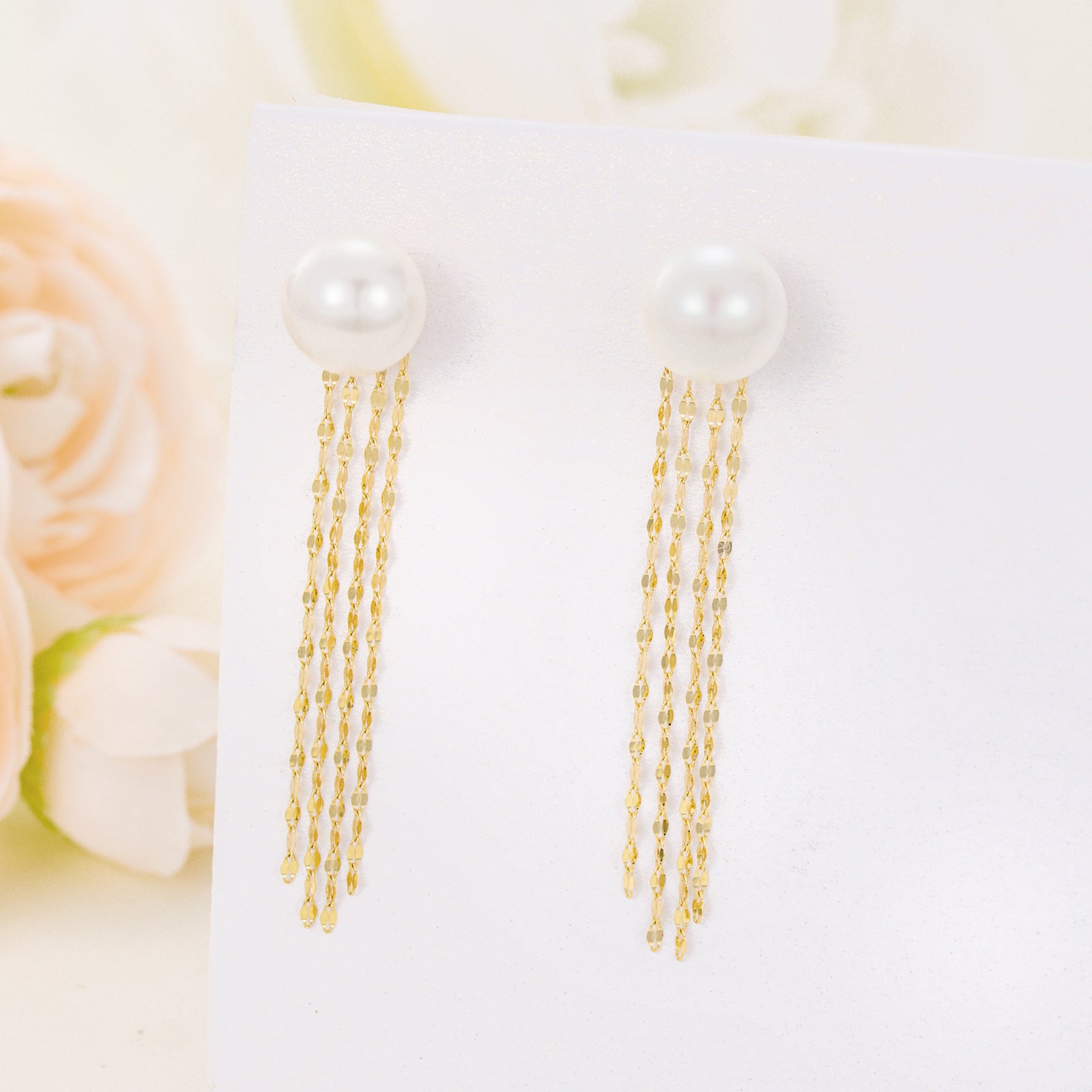14K Gold Circular Shaped Pearl Bead Drop Earrings