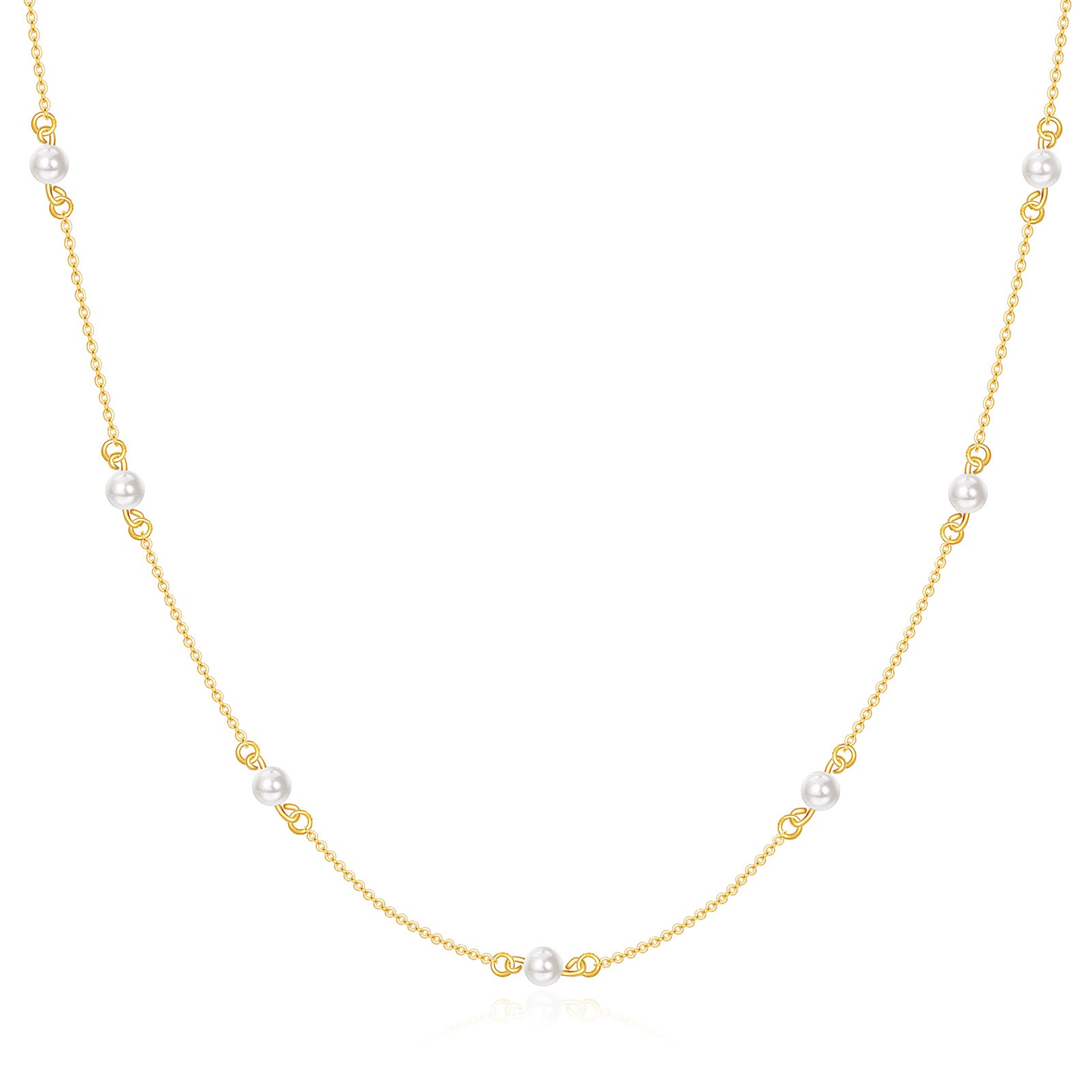 14K Gold Circular Shaped Pearl Bead Bead Station chain Necklace