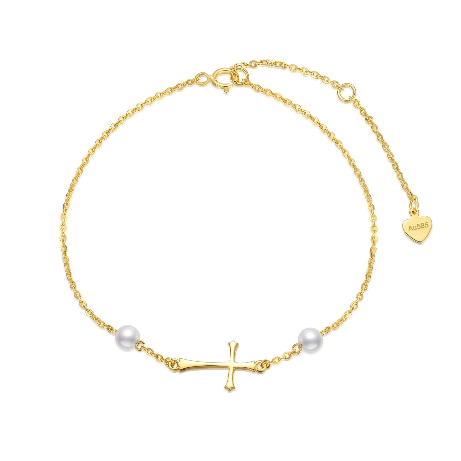 14K Gold Circular Shaped Pearl Cross Charm Bracelet