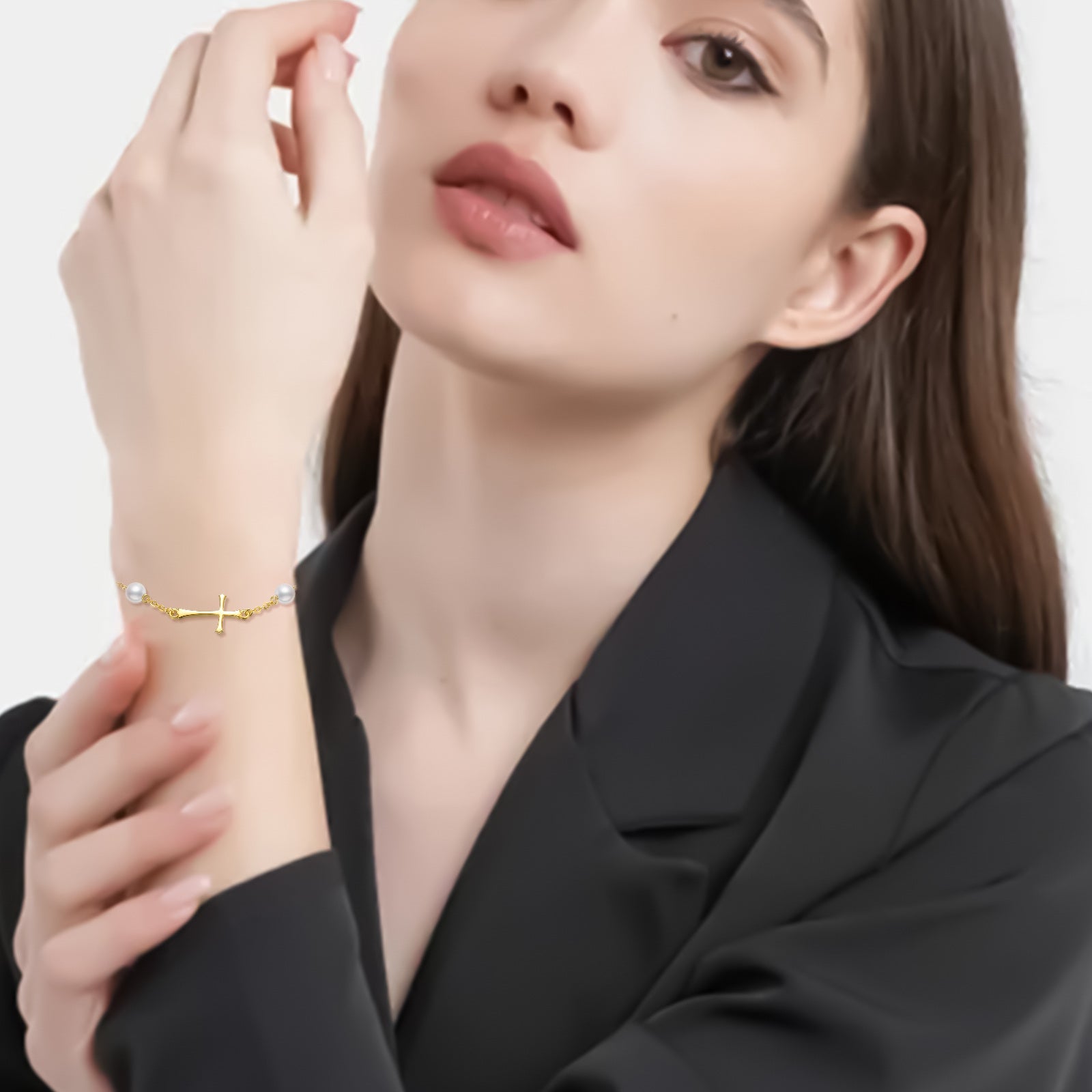 14K Gold Circular Shaped Pearl Cross Charm Bracelet