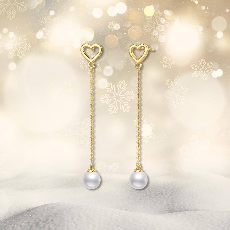 14K Gold Circular Shaped Pearl Heart Drop Earrings