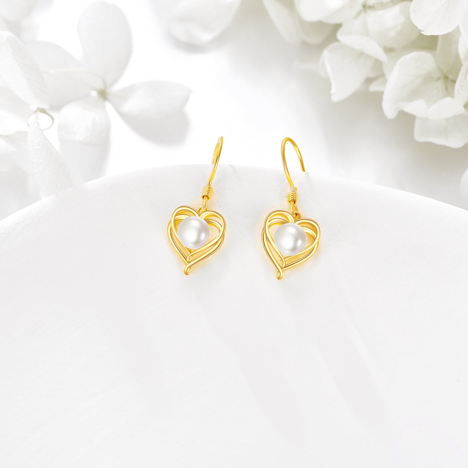 14K Gold Circular Shaped Pearl Heart Drop Earrings
