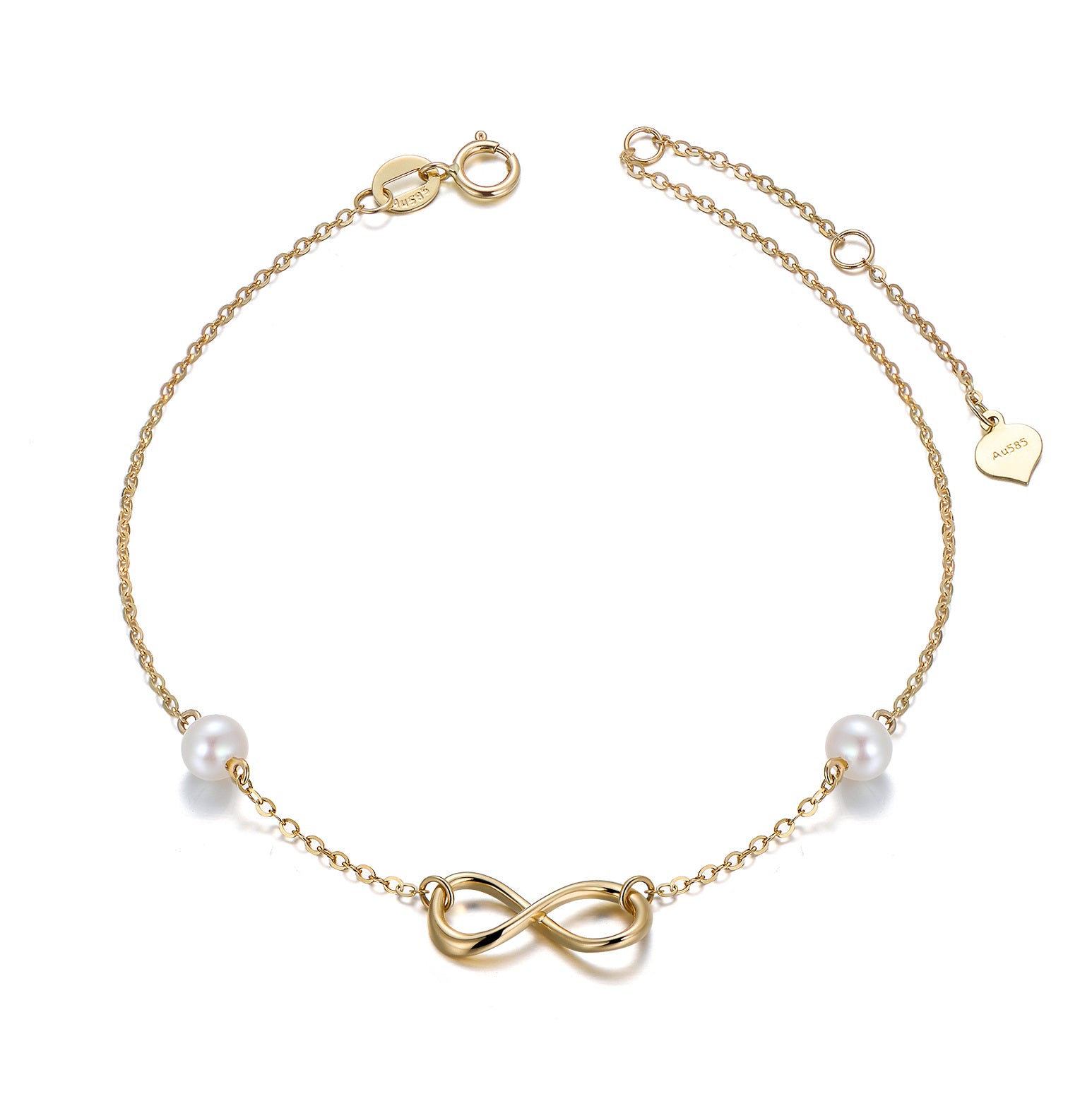 14K Gold Circular Shaped Pearl Infinite Symbol Charm Bracelet