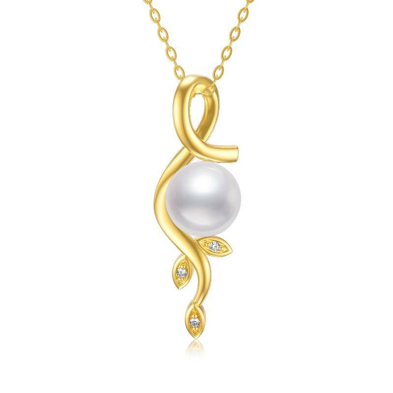 14K Gold Circular Shaped Pearl Leaves Pendant Necklace