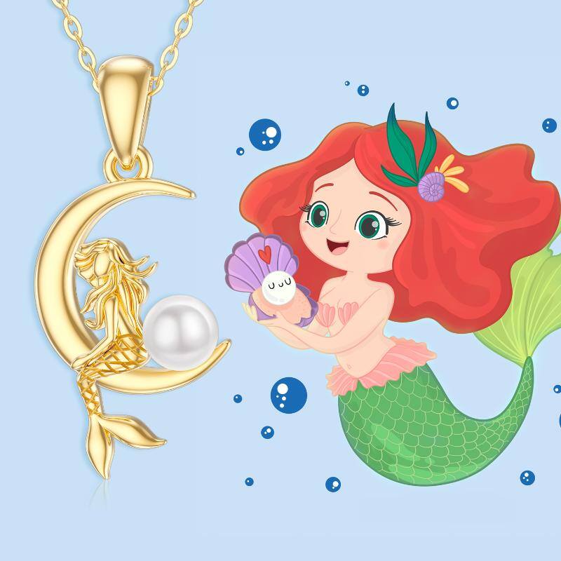 14K Gold Circular Shaped Pearl Mermaid & Moon Pendant Necklace